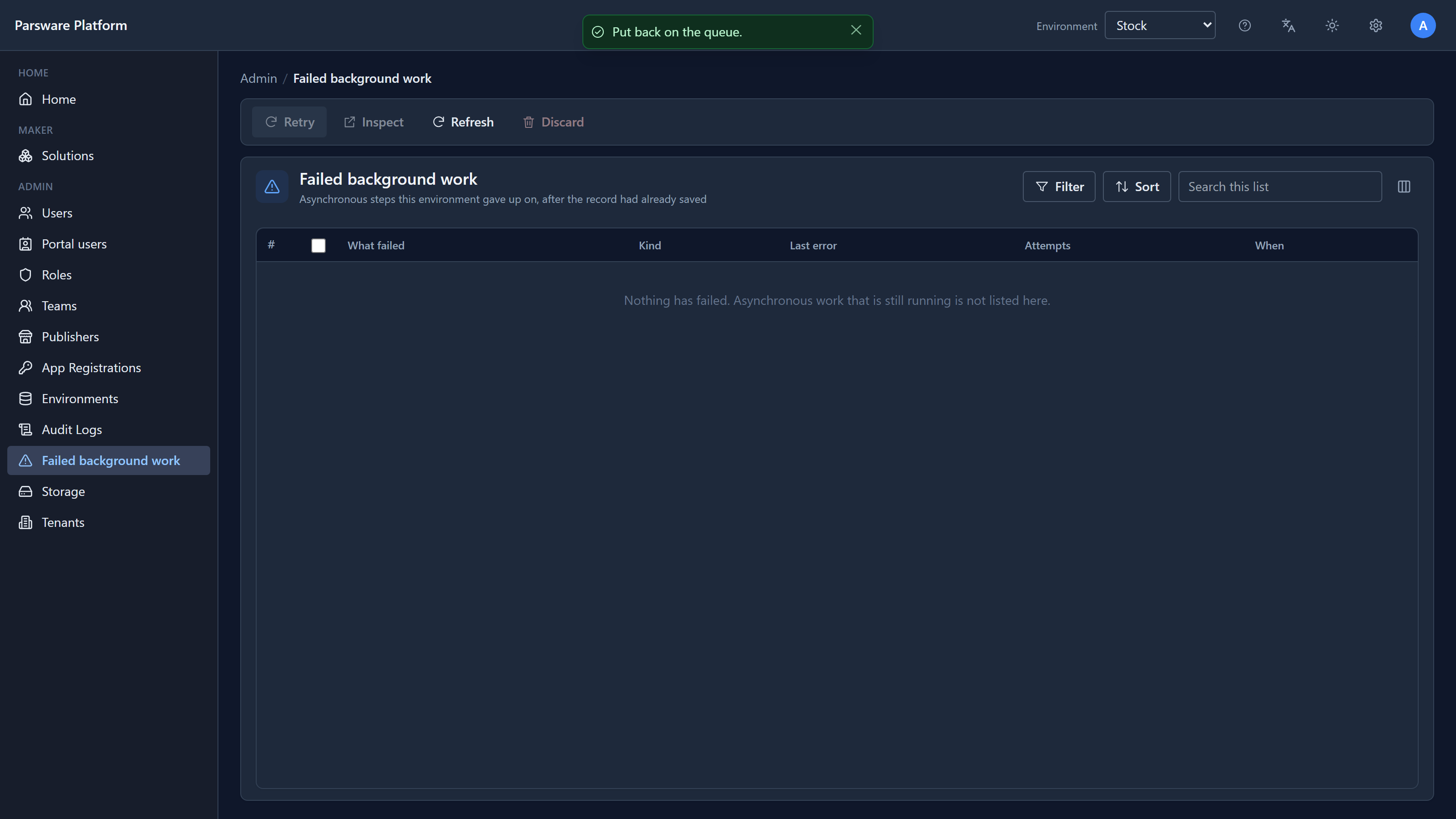 The Failed background work list, now empty, with the message "Put back on the queue."