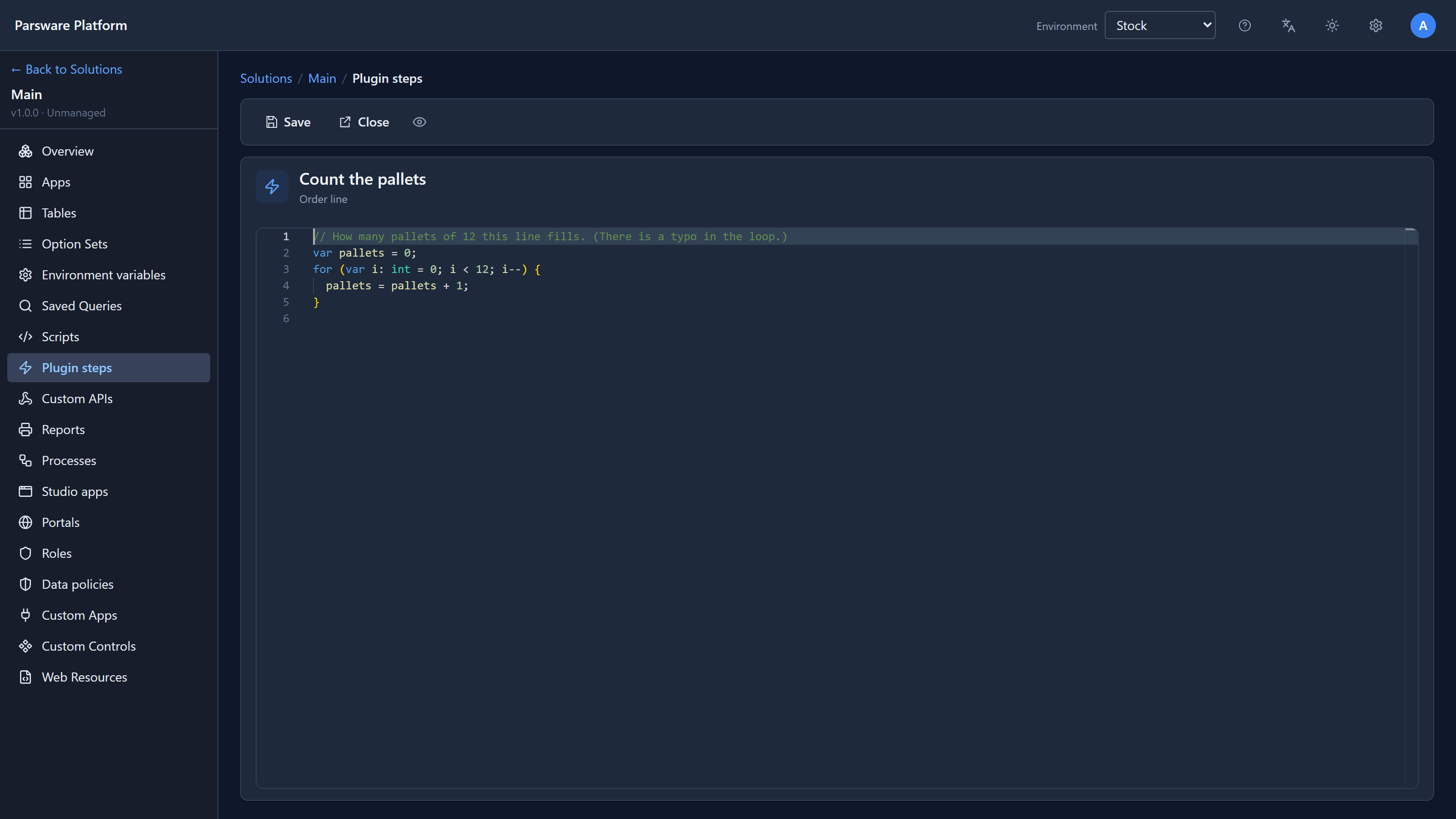 The step's code: a comment, var pallets = 0, then for (var i: int = 0; i < 12; i--) adding one to pallets