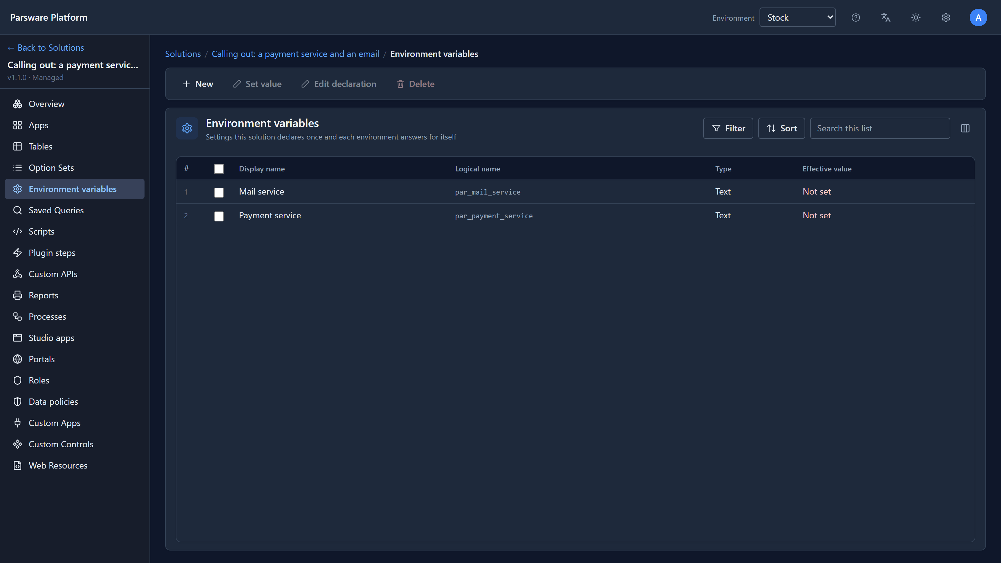 The Environment variables list in Stock: Mail service and Payment service, both Text, both Not set