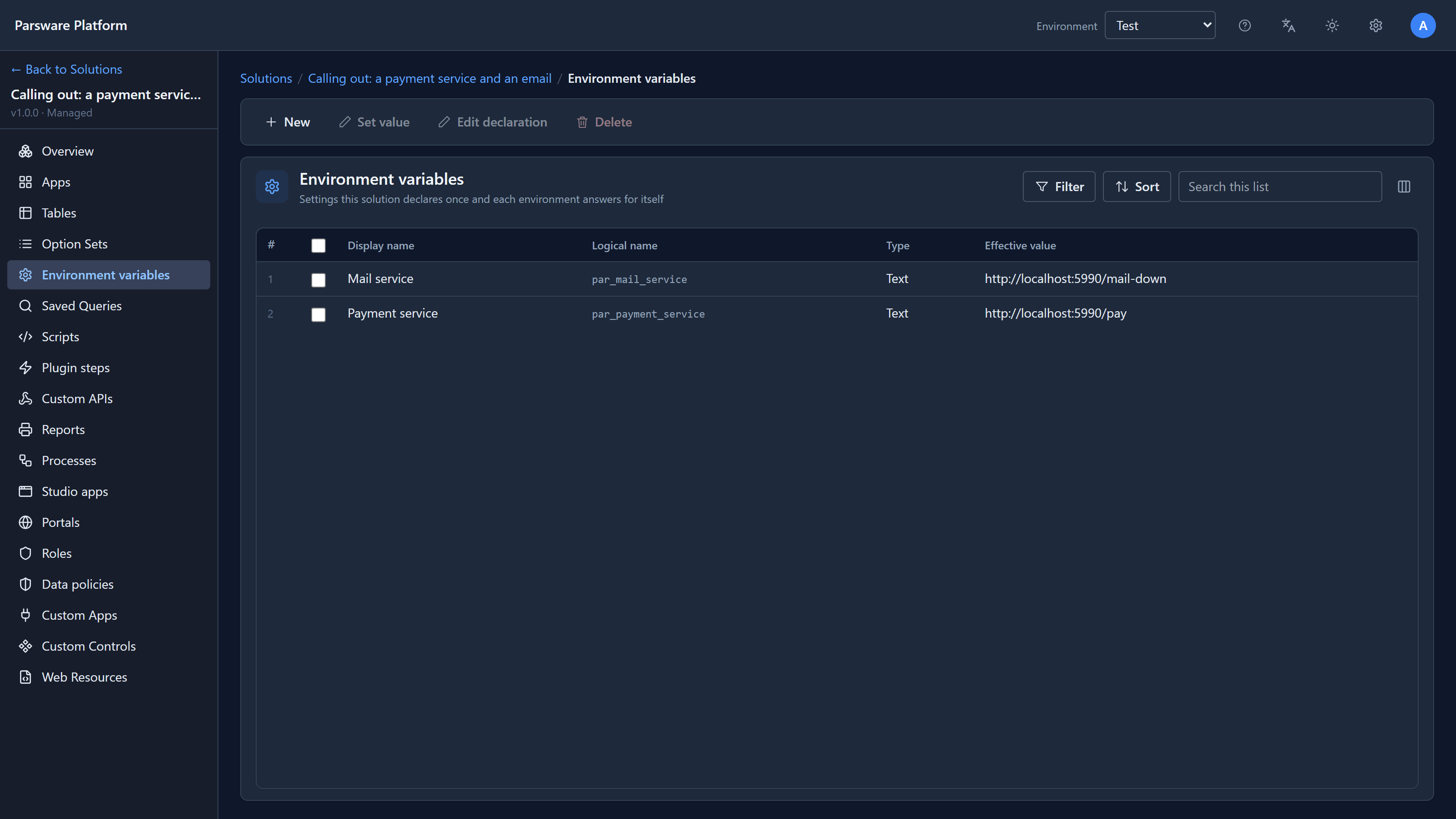 The Environment variables list in Test: Mail service set to http://localhost:5990/mail and Payment service set to http://localhost:5990/pay