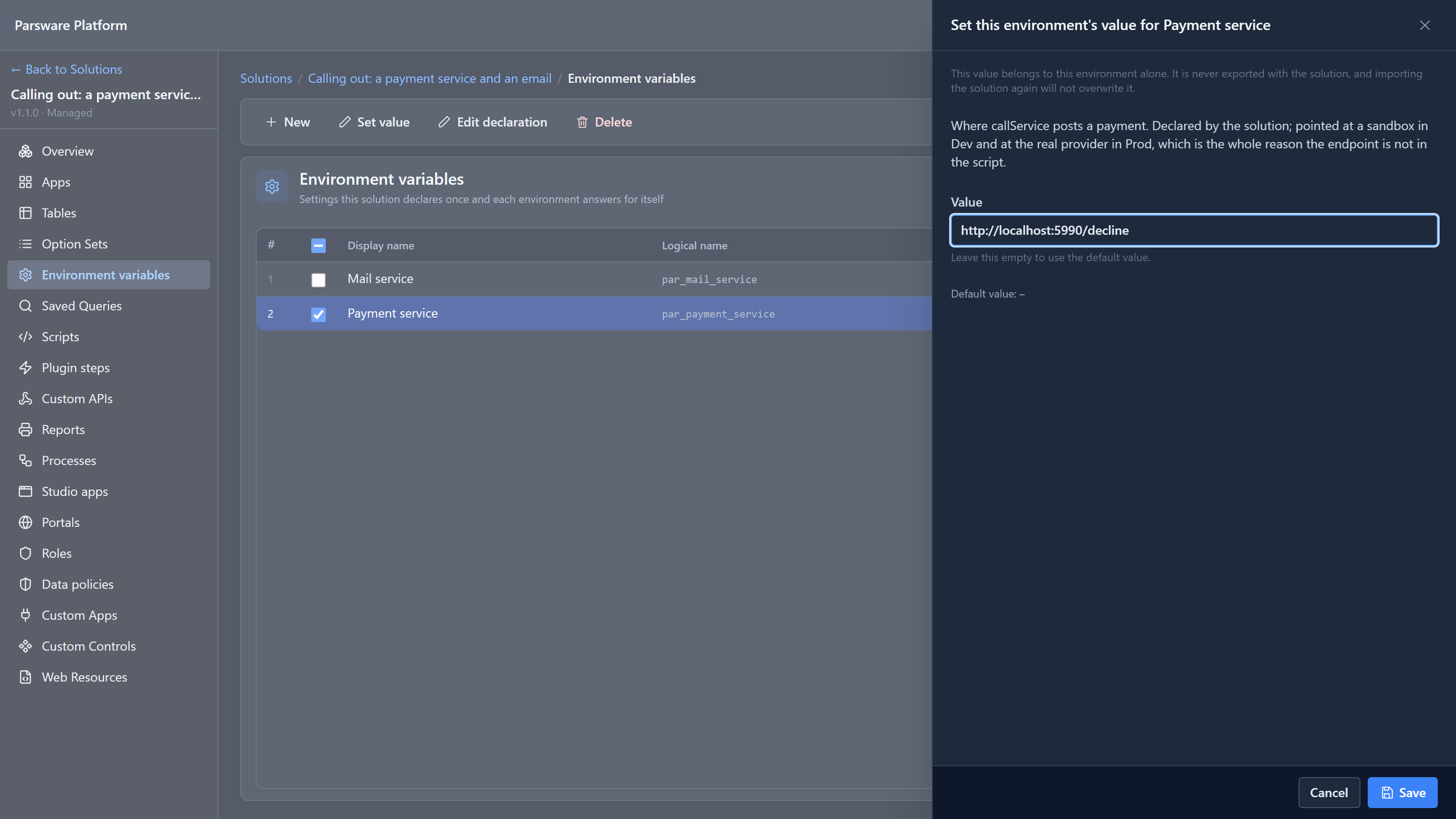 The Set value panel for Payment service in Stock, explaining the value belongs to this environment alone, with the value http://localhost:5990/decline