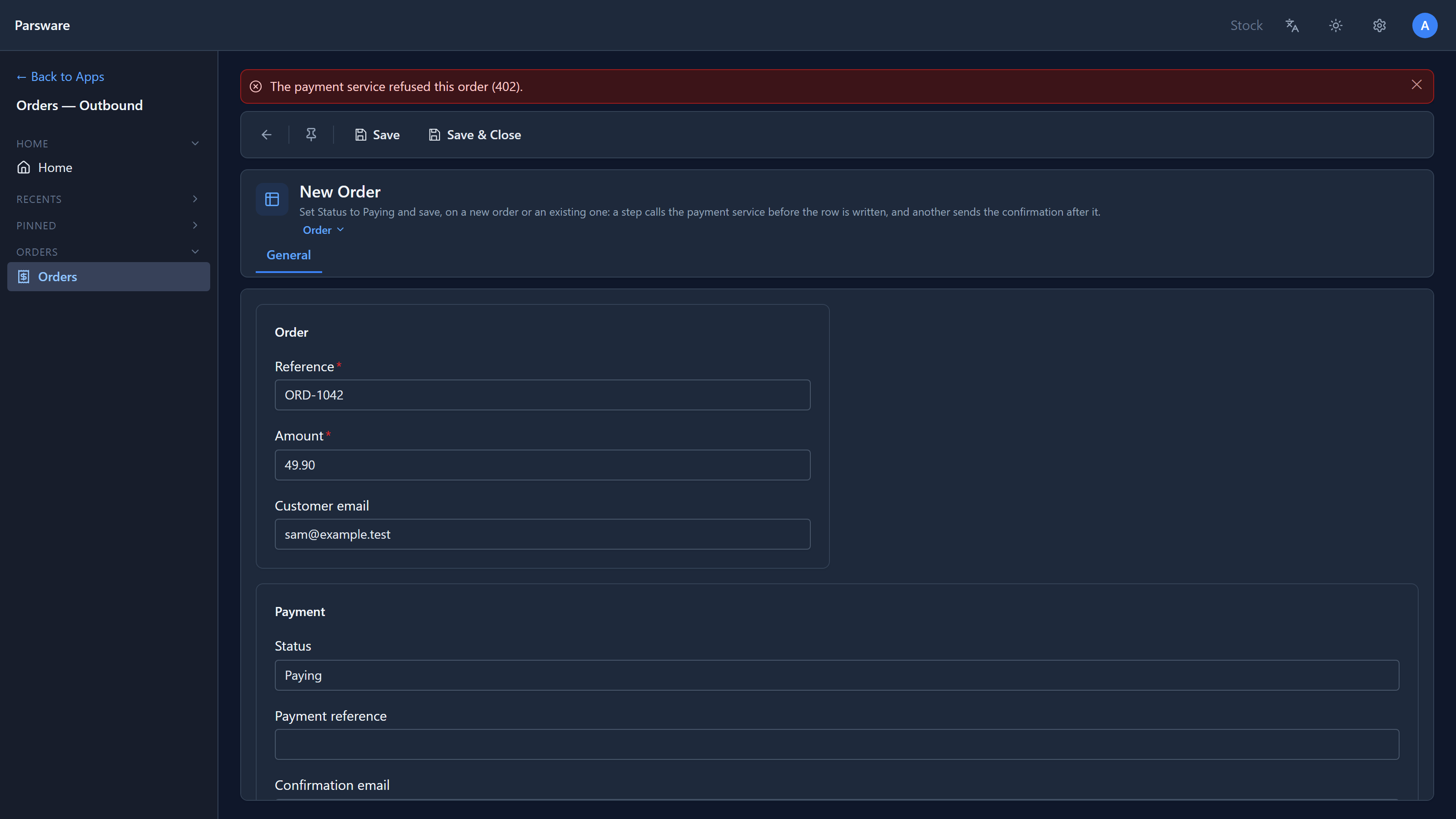 The order ORD-1042 in Stock refused with "The payment service refused this order (402)."