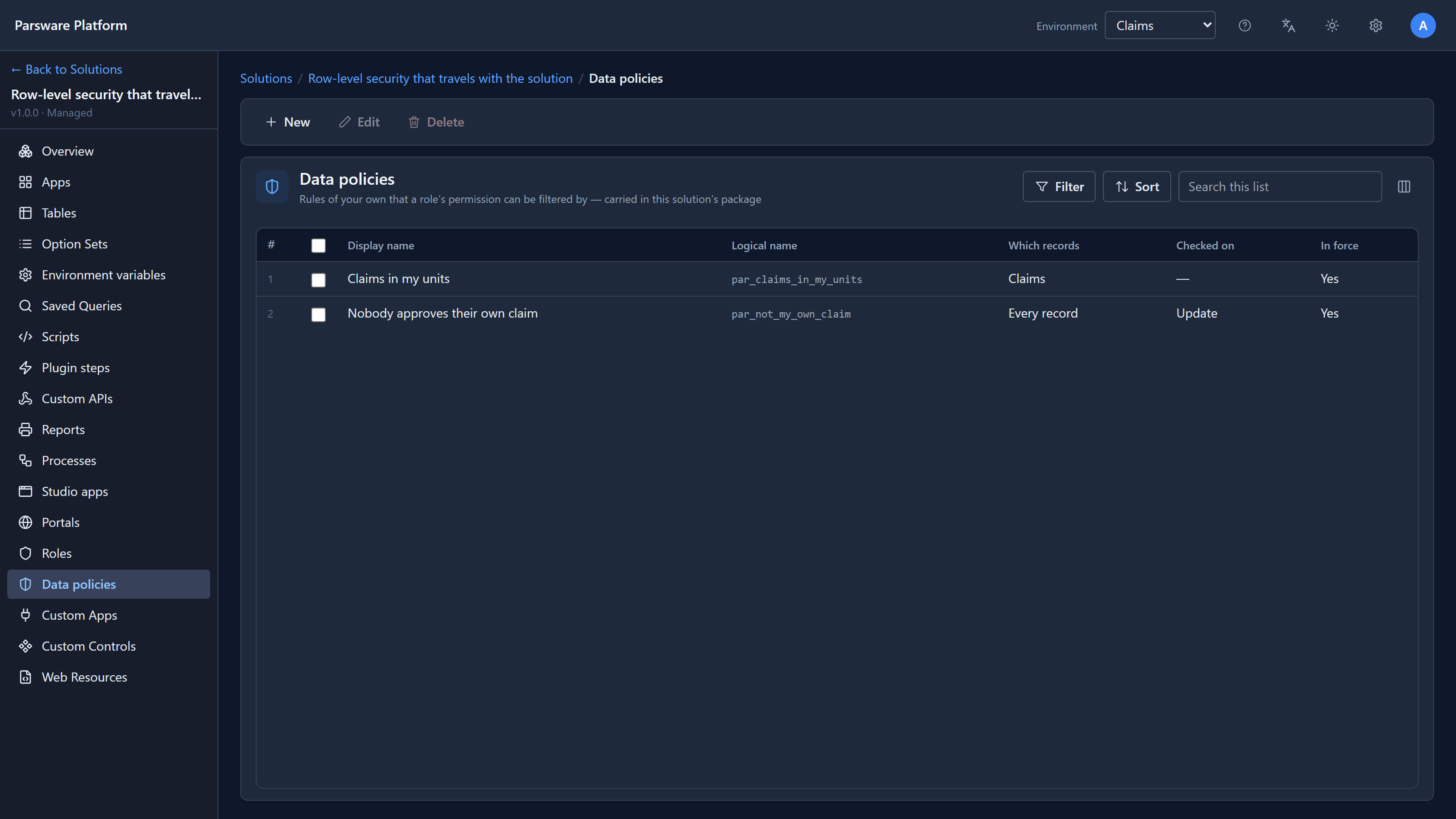 The Data policies list: Claims in my units, Which records Claims, and Nobody approves their own claim, Which records Every record, Checked on Update, both in force