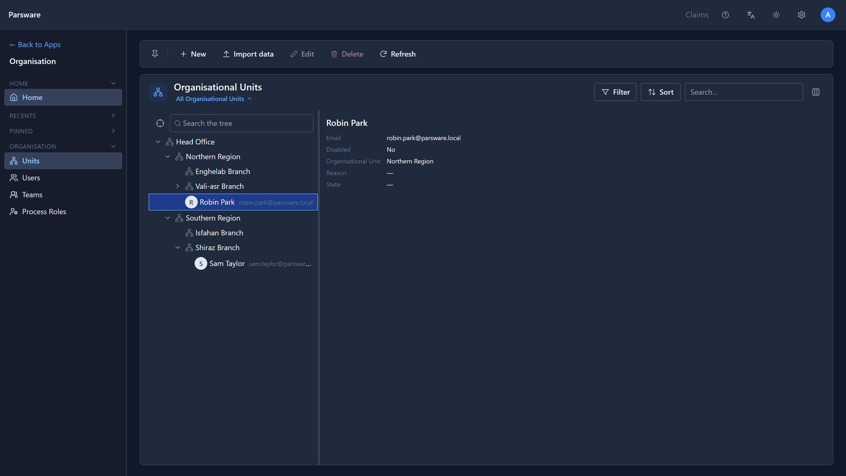 The Organisation app's unit tree: Head Office, Northern Region with Enghelab and Vali-asr branches and Robin Park, Southern Region with Isfahan and Shiraz branches, and Sam Taylor under Shiraz