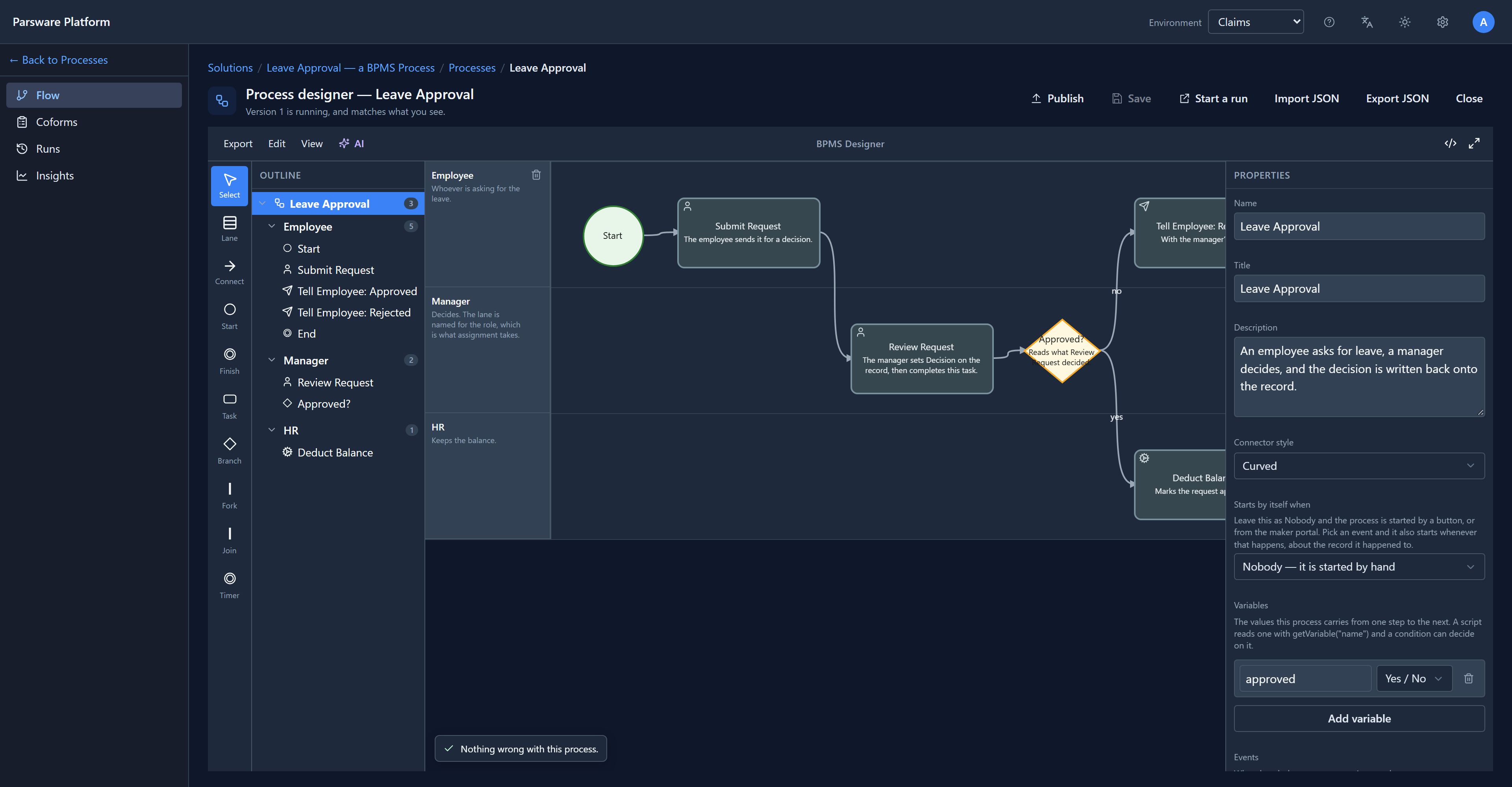 The process designer inside the maker portal: Flow, Coforms, Runs and Insights on the left, Publish, Save, Start a run, Import JSON, Export JSON and Close along the top, and the designer below