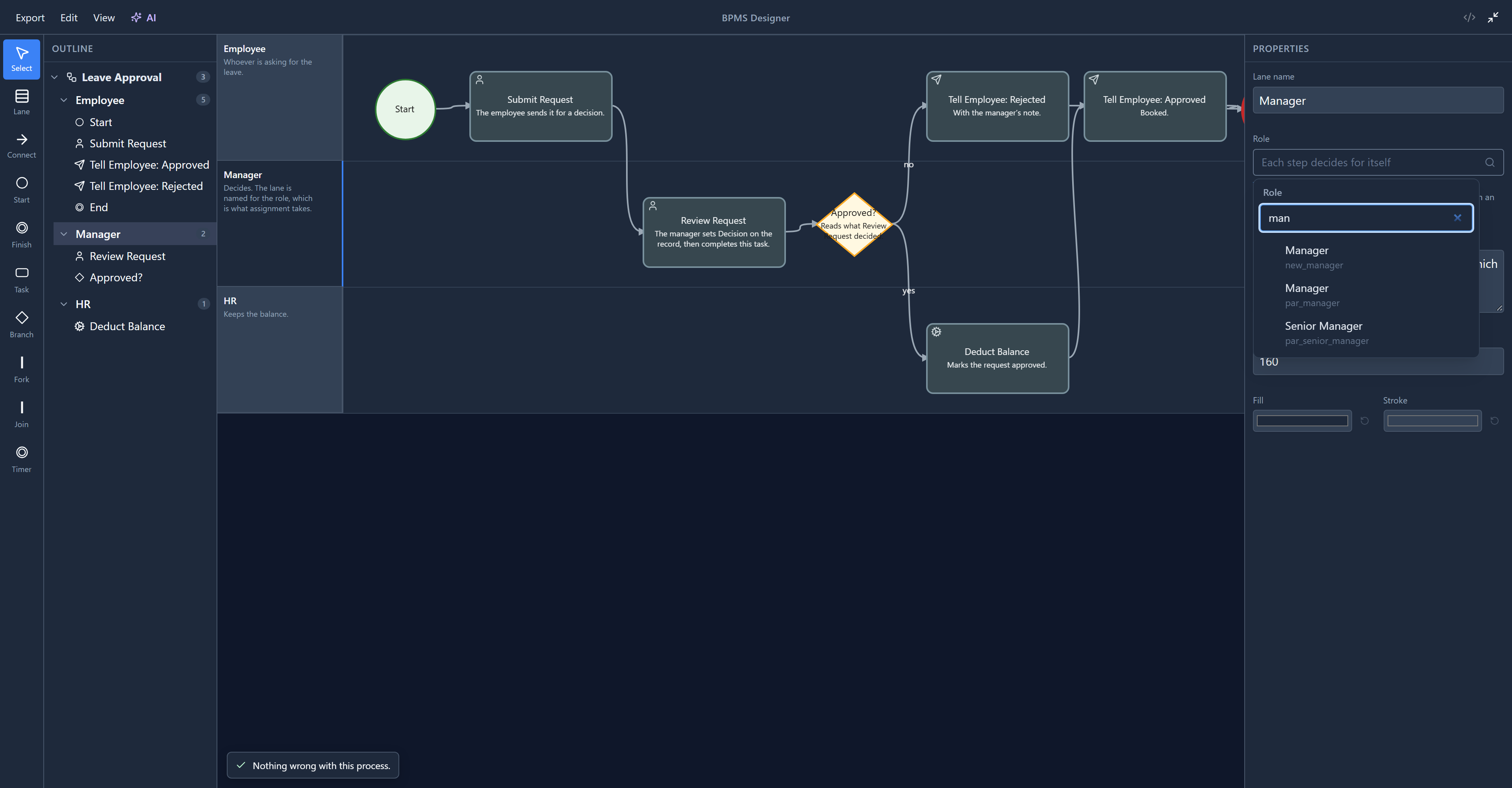 The Role picker filtered by "man": Manager (new_manager), Manager (par_manager) and Senior Manager (par_senior_manager)