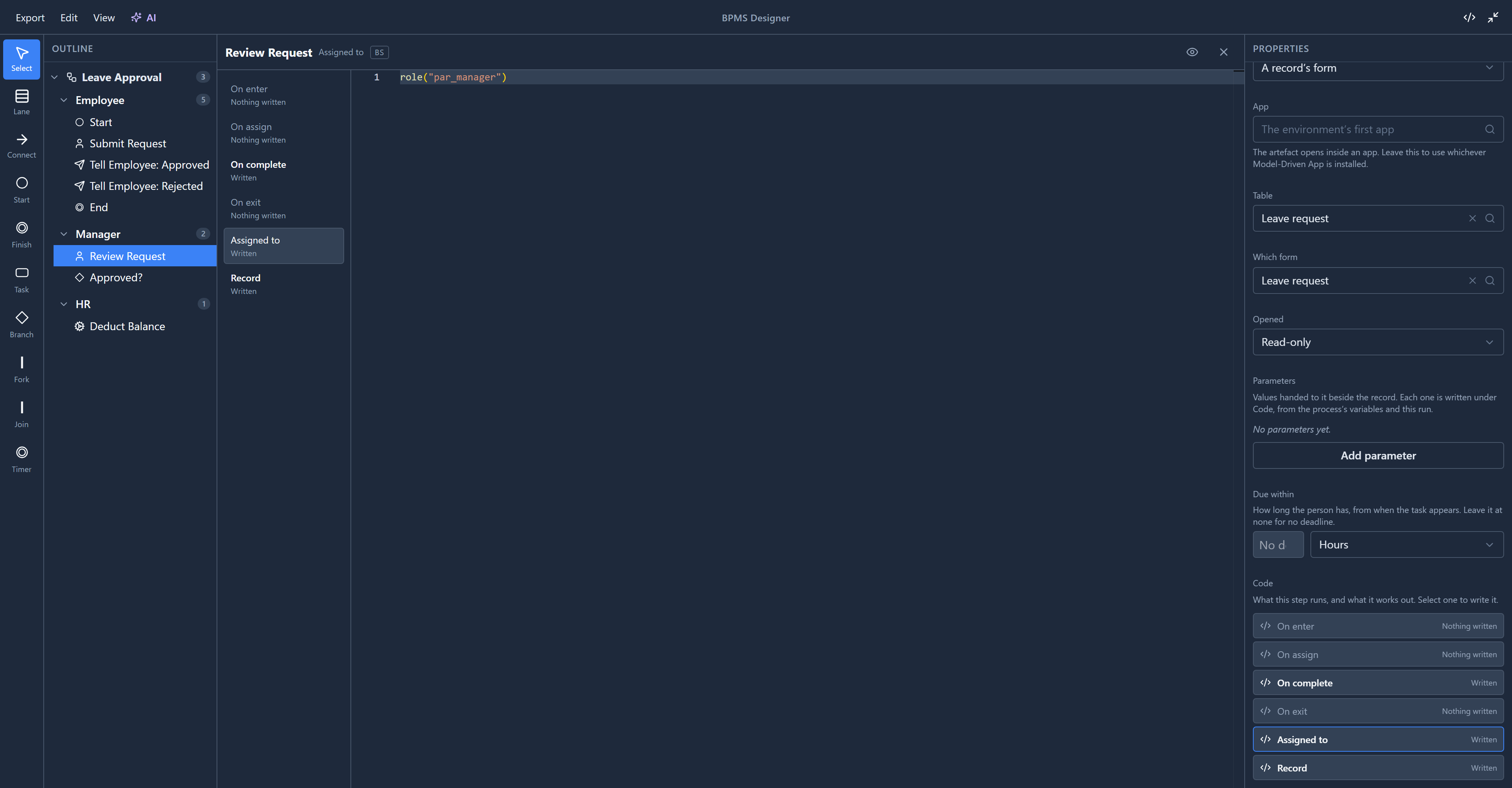 The script page for Review Request's Assigned to, with the expression role("par_manager")