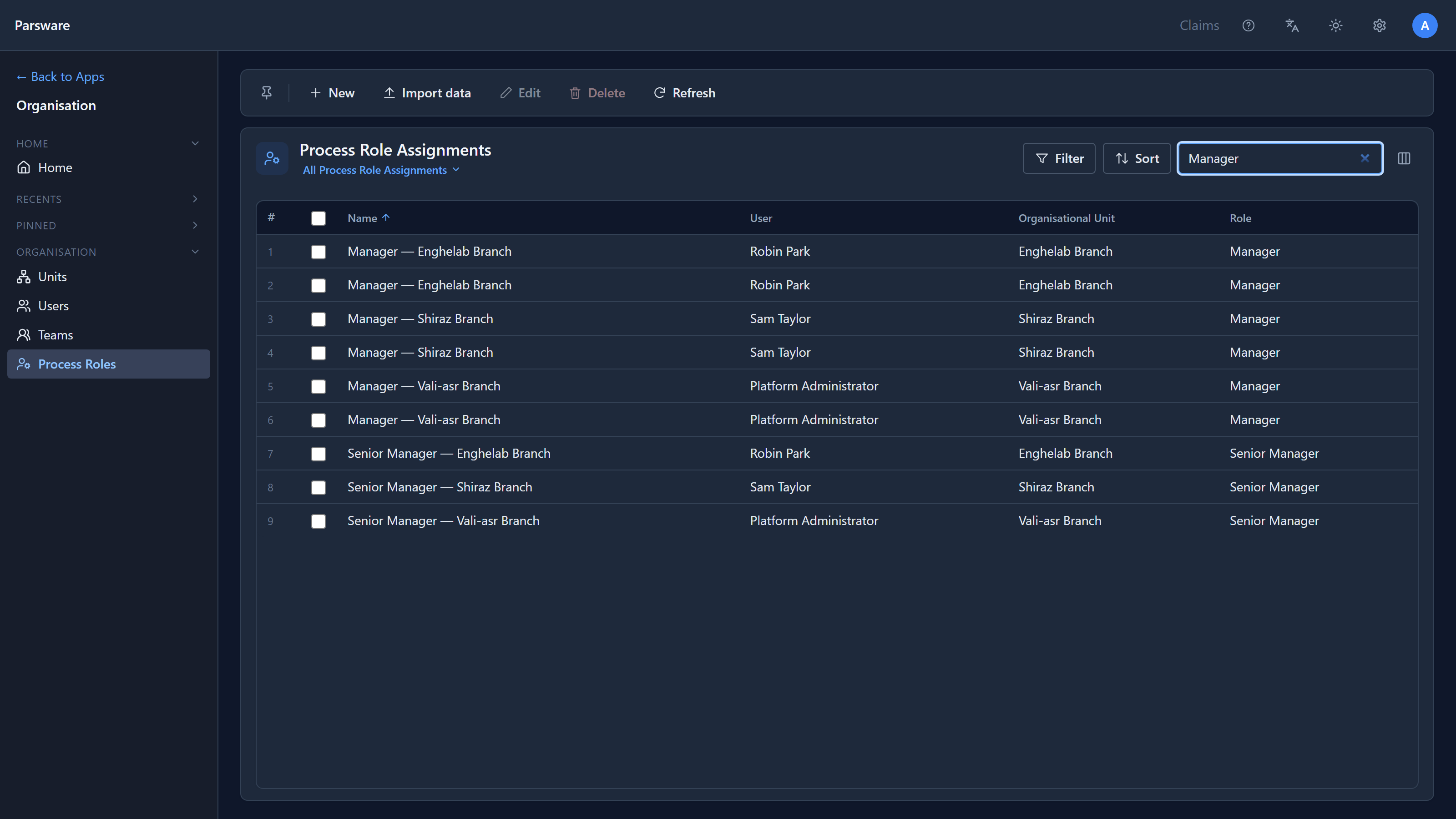 The Organisation app's Process Role Assignments filtered by "Manager": two Manager rows each for Robin Park in Enghelab Branch, Sam Taylor in Shiraz Branch and the administrator in Vali-asr Branch, then one Senior Manager row each