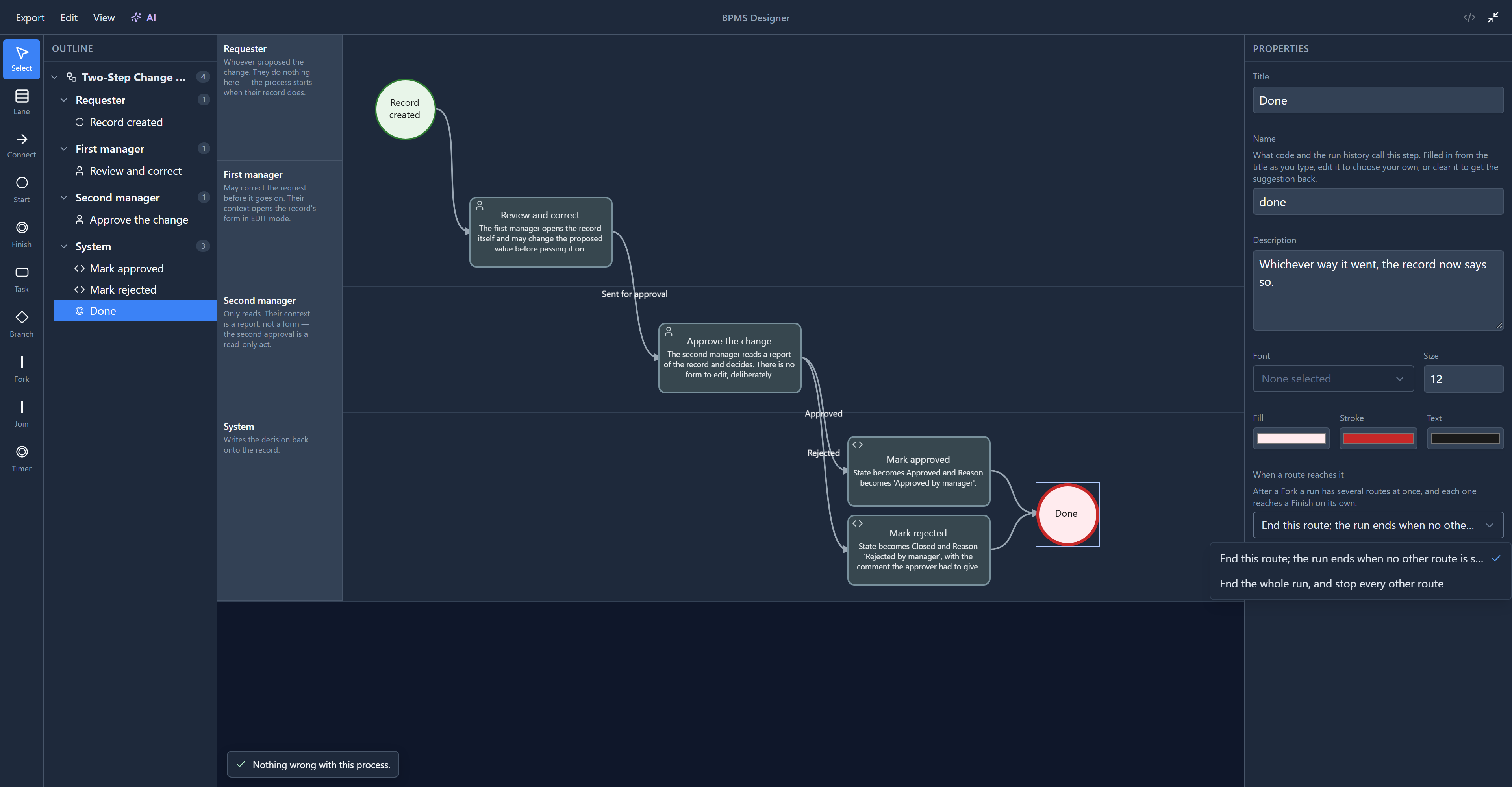 Done selected, with the When a route reaches it choice open: End this route, the run ends when no other route is still going; or End the whole run, and stop every other route