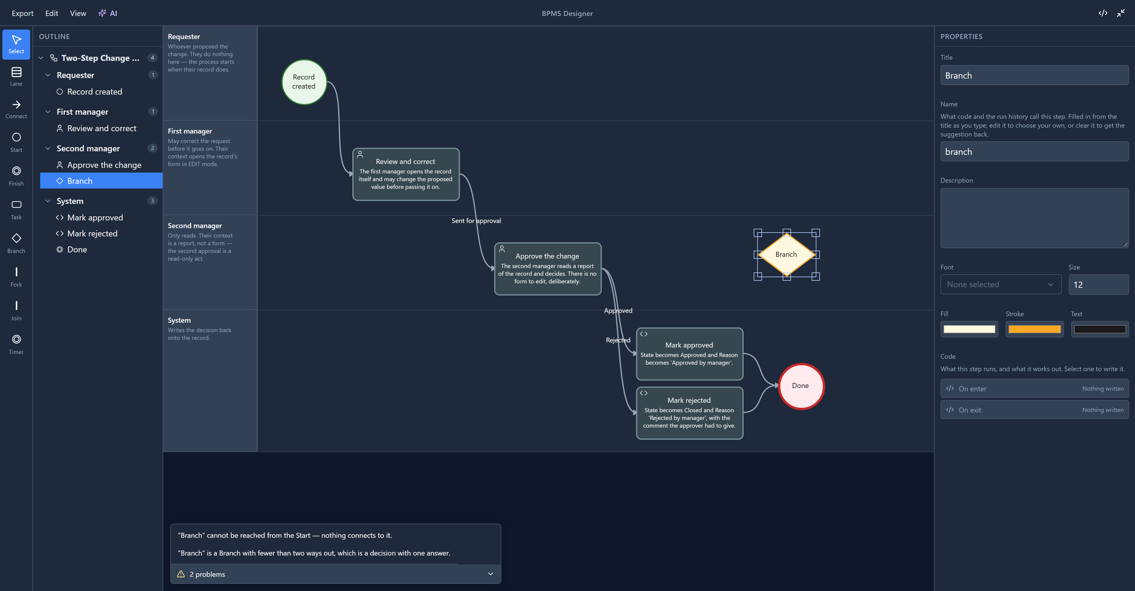 A new Branch diamond in the Second manager lane, and the problems panel: Branch cannot be reached from the Start, and Branch is a Branch with fewer than two ways out