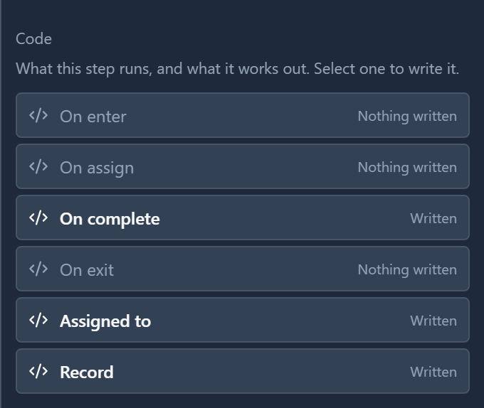 The Code section of a user task: On enter, On assign, On complete, On exit, Assigned to and Record