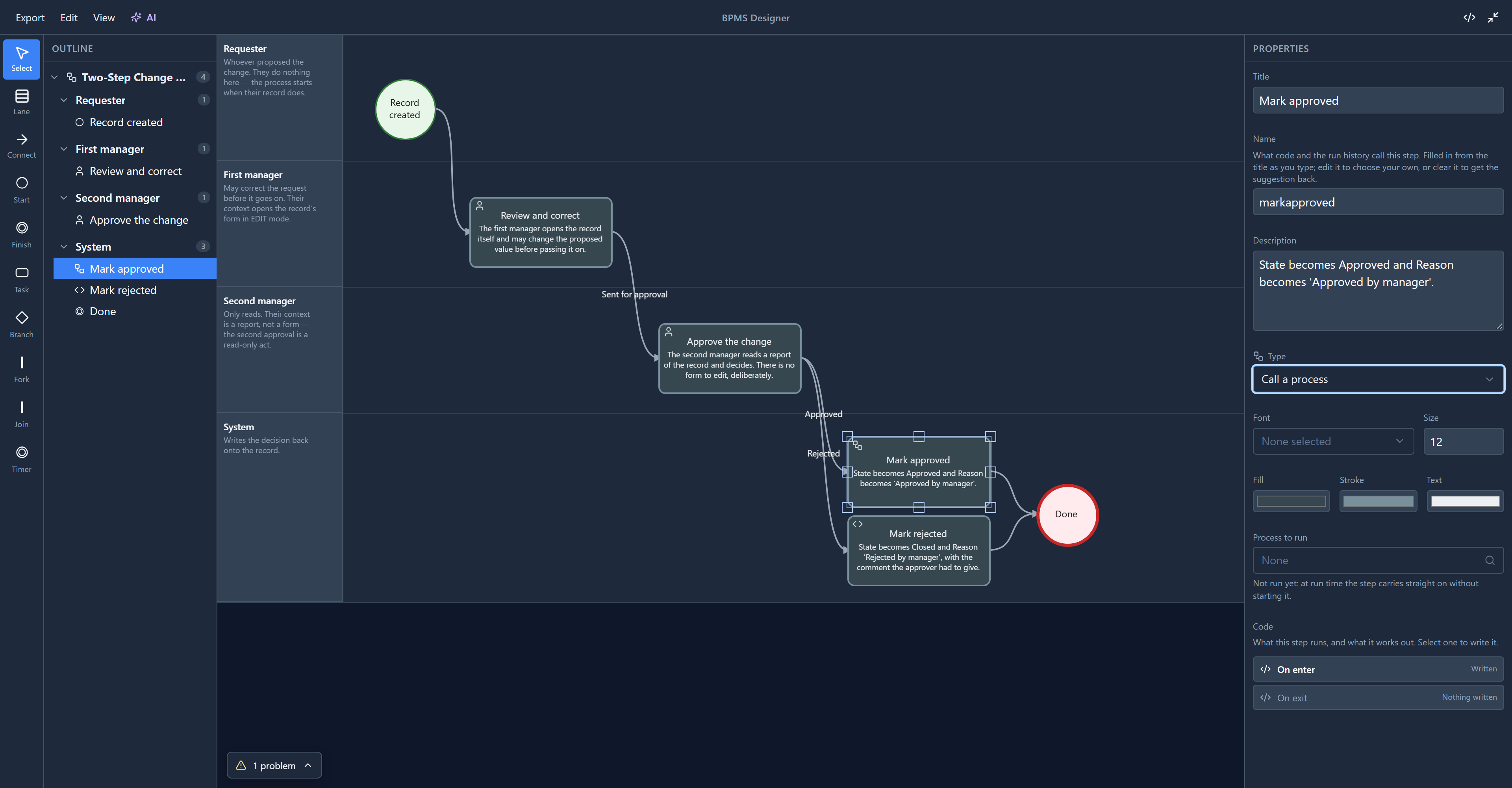 Mark approved switched to Call a process, with Process to run set to None and the note: Not run yet, at run time the step carries straight on without starting it