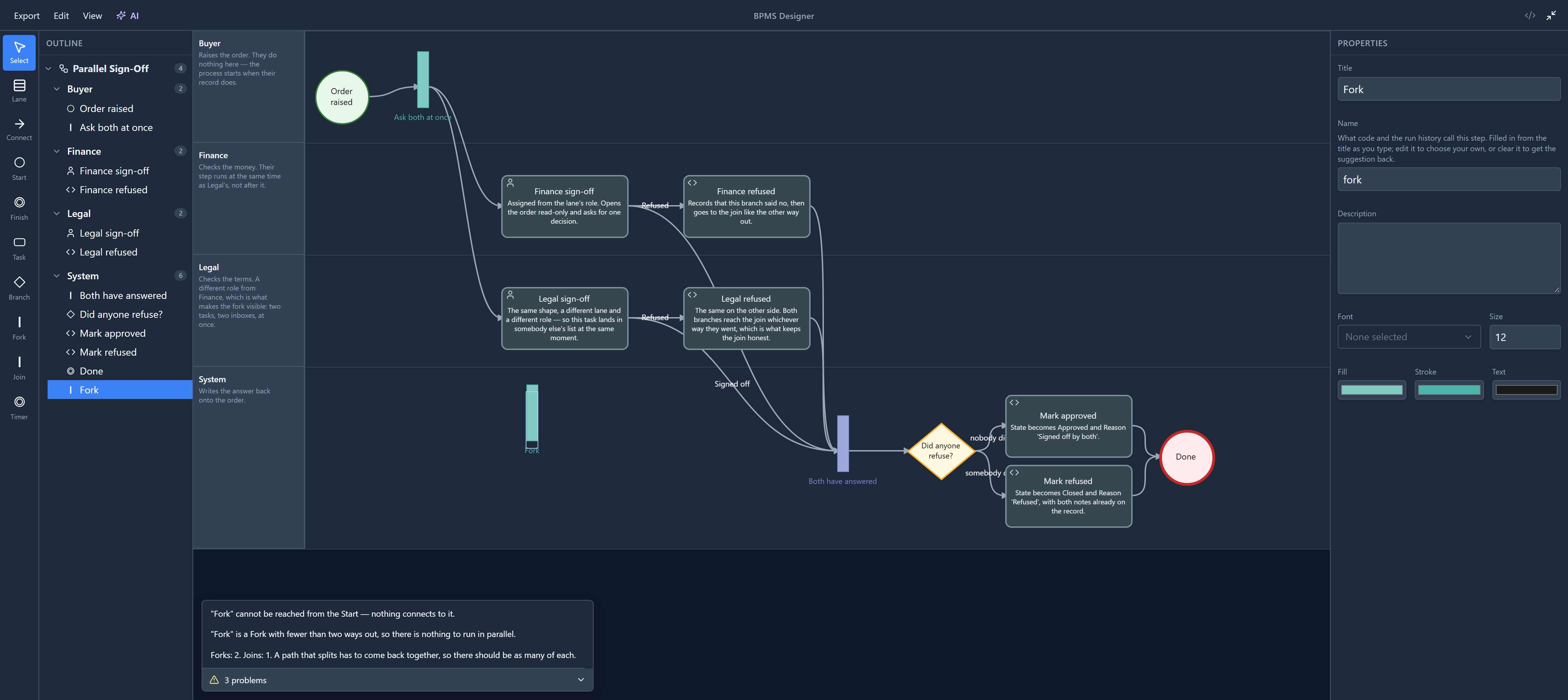 A second fork dropped into the System lane, and the problems panel: Fork cannot be reached from the Start, Fork is a Fork with fewer than two ways out, and Forks: 2. Joins: 1.