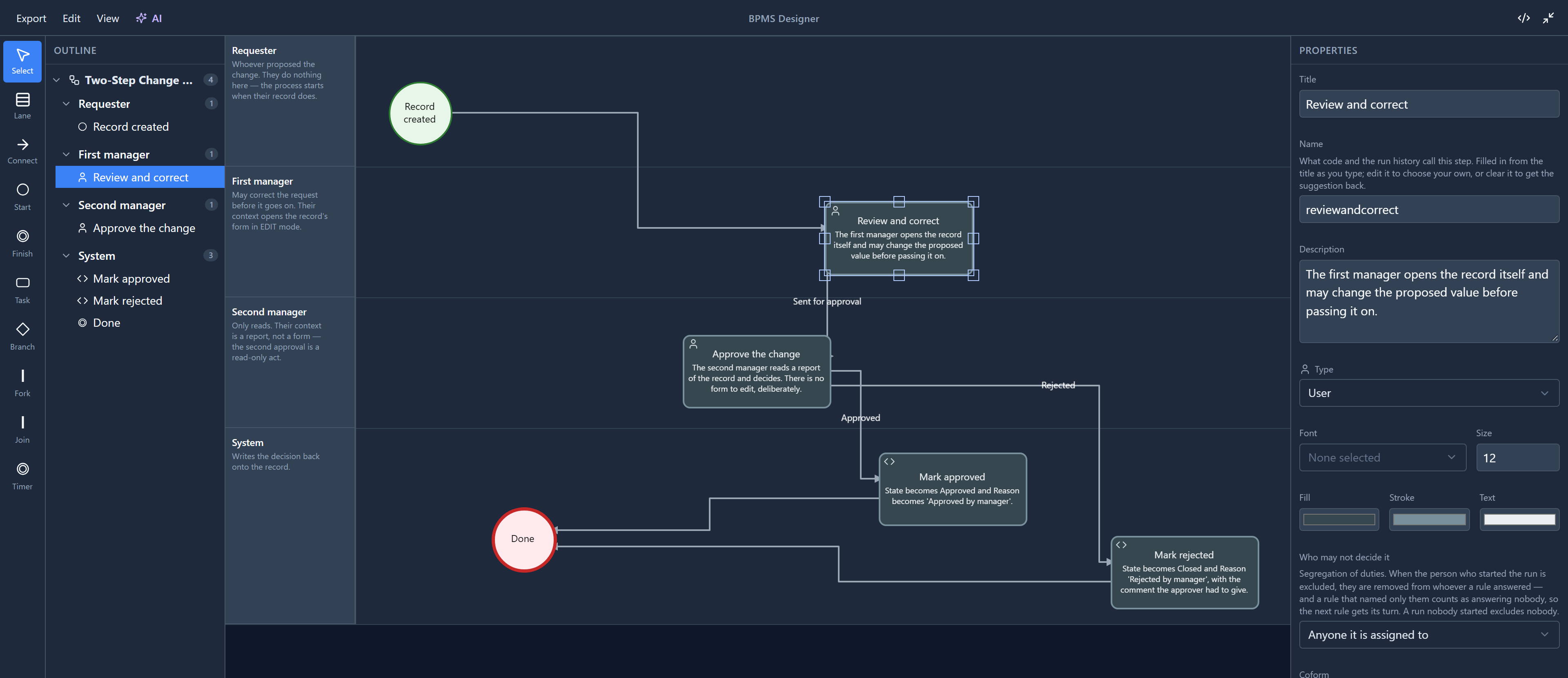 The process with Done moved far left, Mark rejected moved right, and Review and correct moved right of Approve the change, so connections loop back and cross