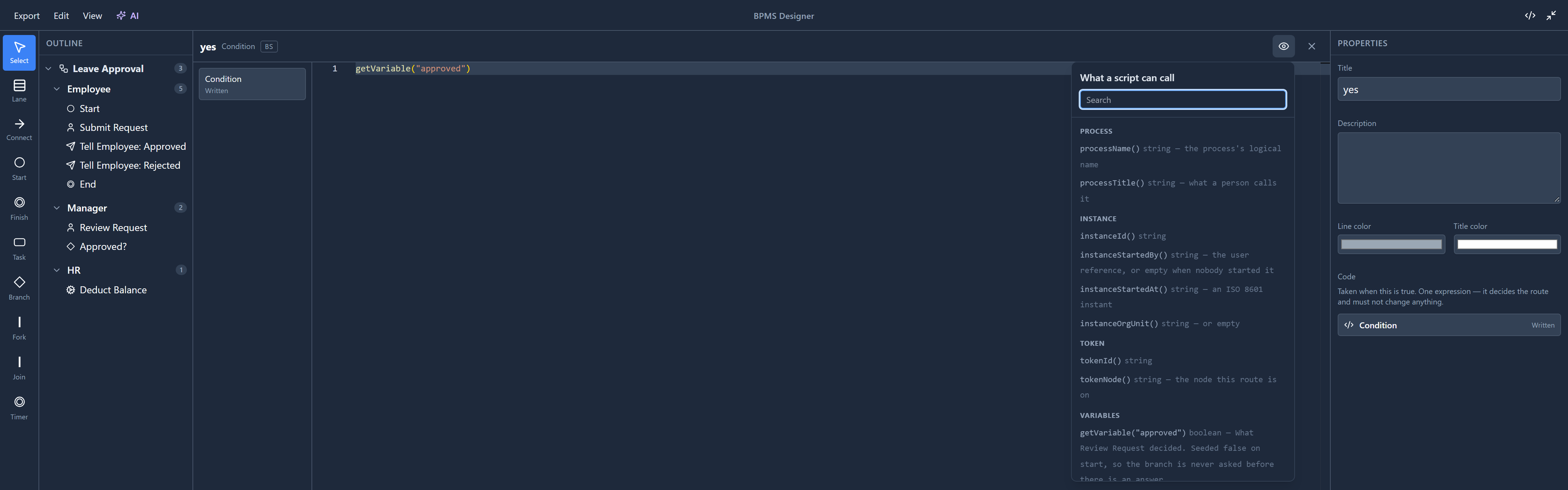 What a script can call, for a condition: the process's name and title, the run's id and who started it, the route, and getVariable("approved") under Variables