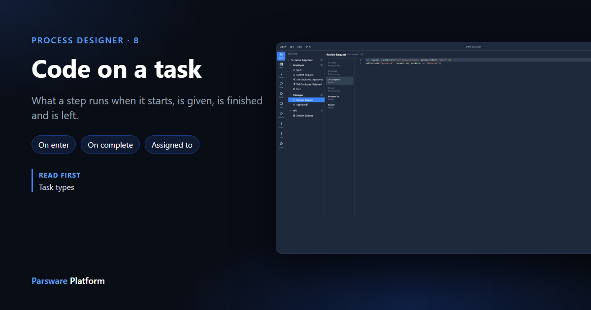 The code page for Review Request, On complete, with the list of the step’s six code slots down its side, next to the title "Code on a task"