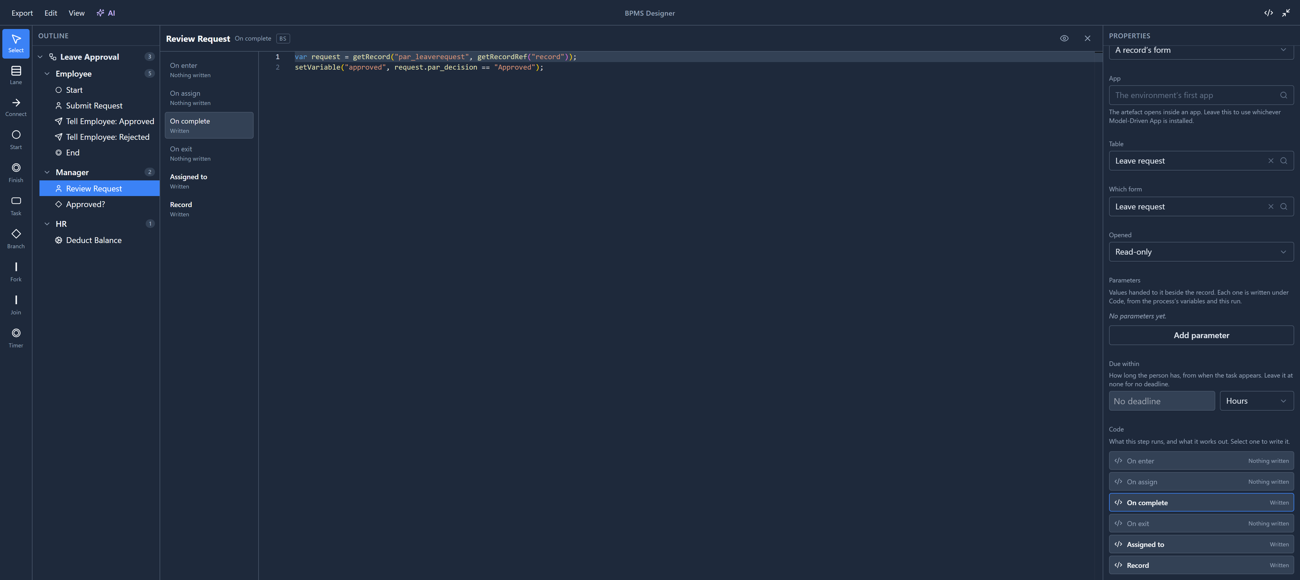 The code page for Review Request, On complete: two lines that read the leave request and set approved; the slot list down its left side with On complete highlighted