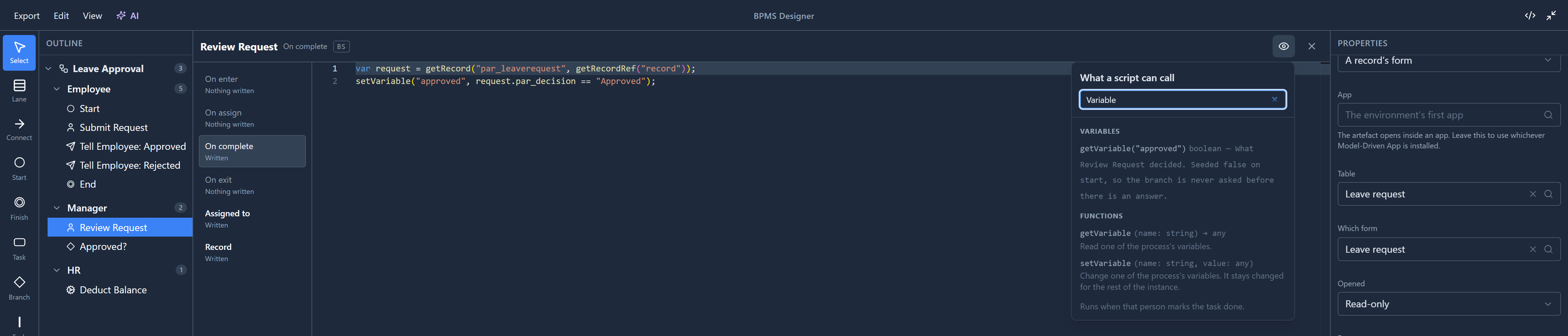 What a script can call, filtered to Variable: getVariable("approved") under Variables, and getVariable and setVariable under Functions, with Runs when that person marks the task done at the bottom