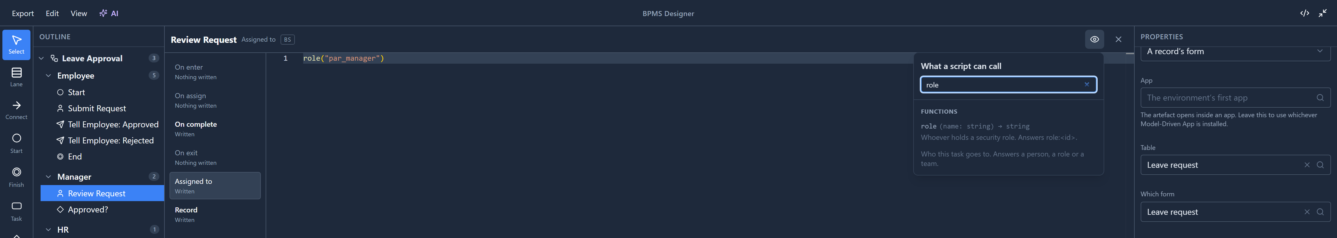 The code page on Assigned to: role("par_manager"); What a script can call, filtered to role, shows role(name) Whoever holds a security role, with the note Who this task goes to. Answers a person, a role or a team.
