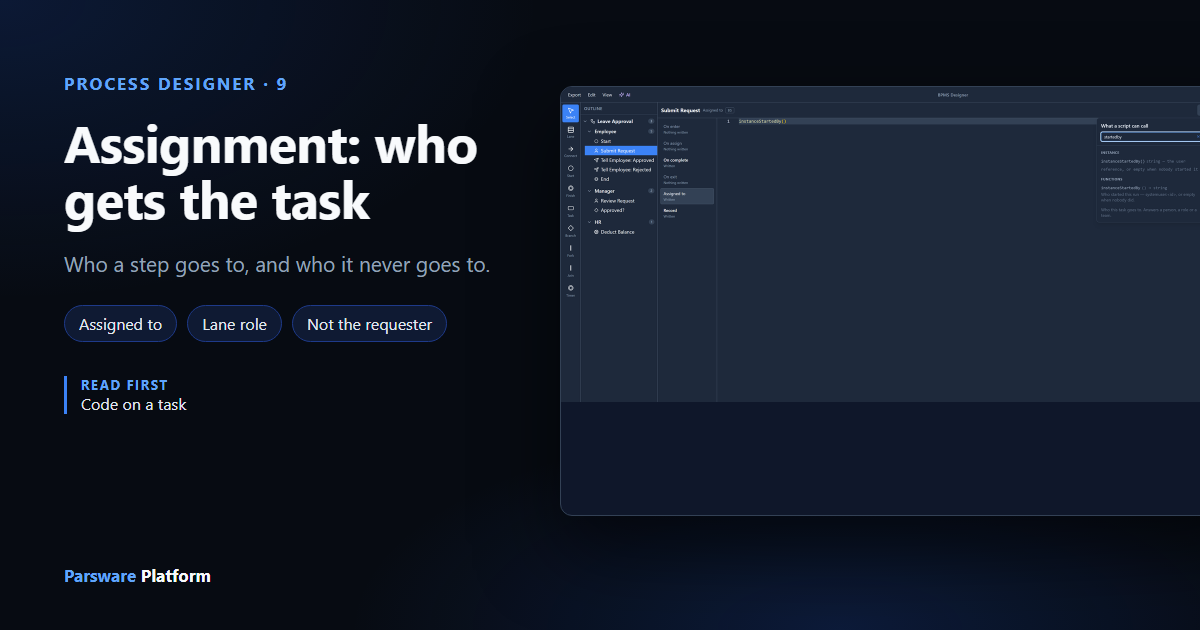 The Assigned to code page for Submit Request with instanceStartedBy(), and the list of what it can call, next to the title "Assignment: who gets the task"