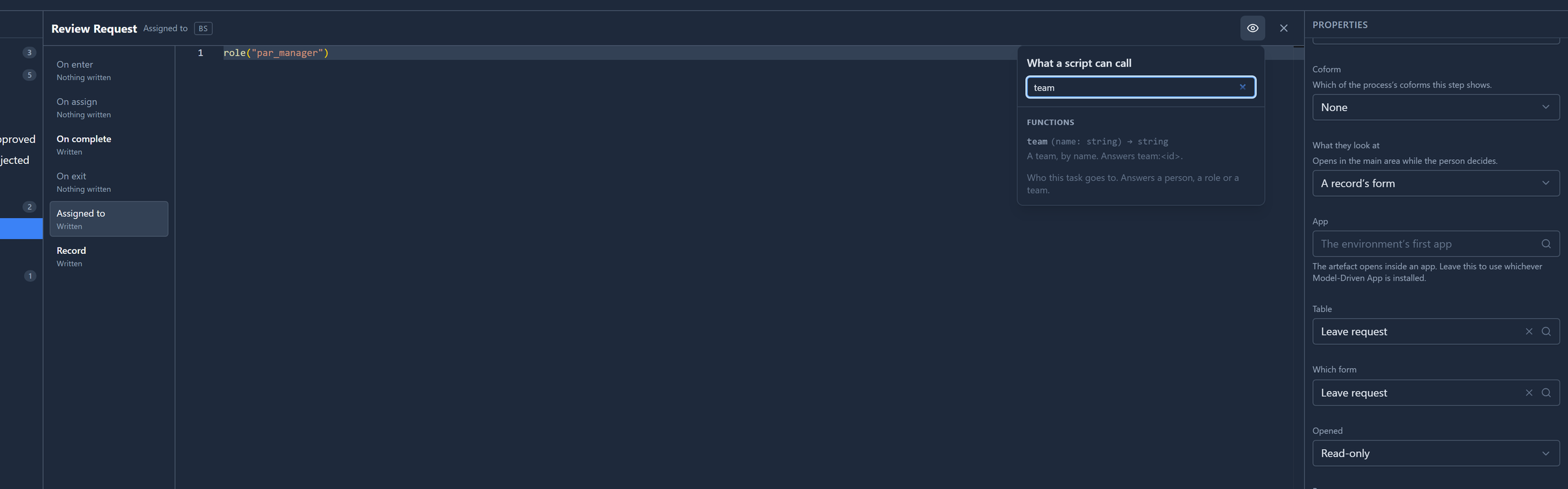 The code page for Review Request's Assigned to, role("par_manager"), with What a script can call filtered to team: team(name: string) → string, A team, by name