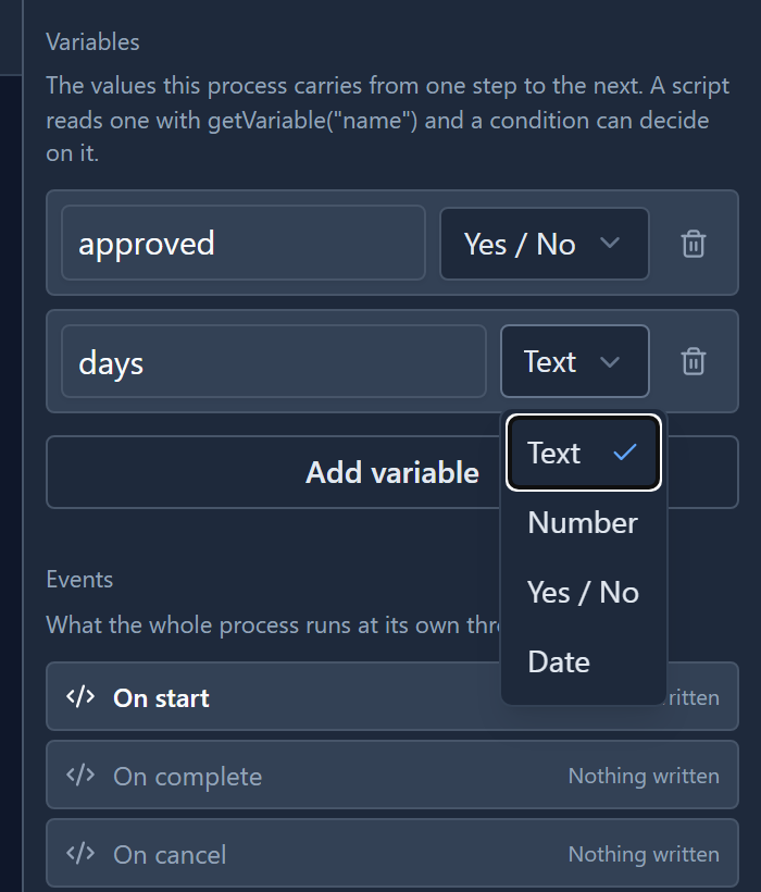 A second variable, days, with its type list open: Text, Number, Yes / No, Date