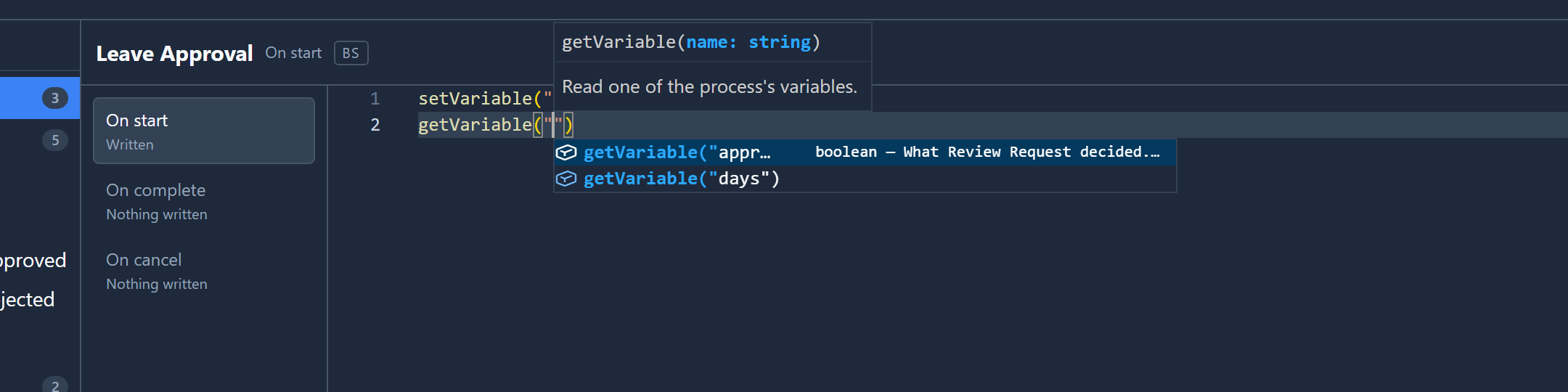 On start, line 2: getVariable(" with completion offering getVariable("approved") boolean, What Review Request decided, and getVariable("days")