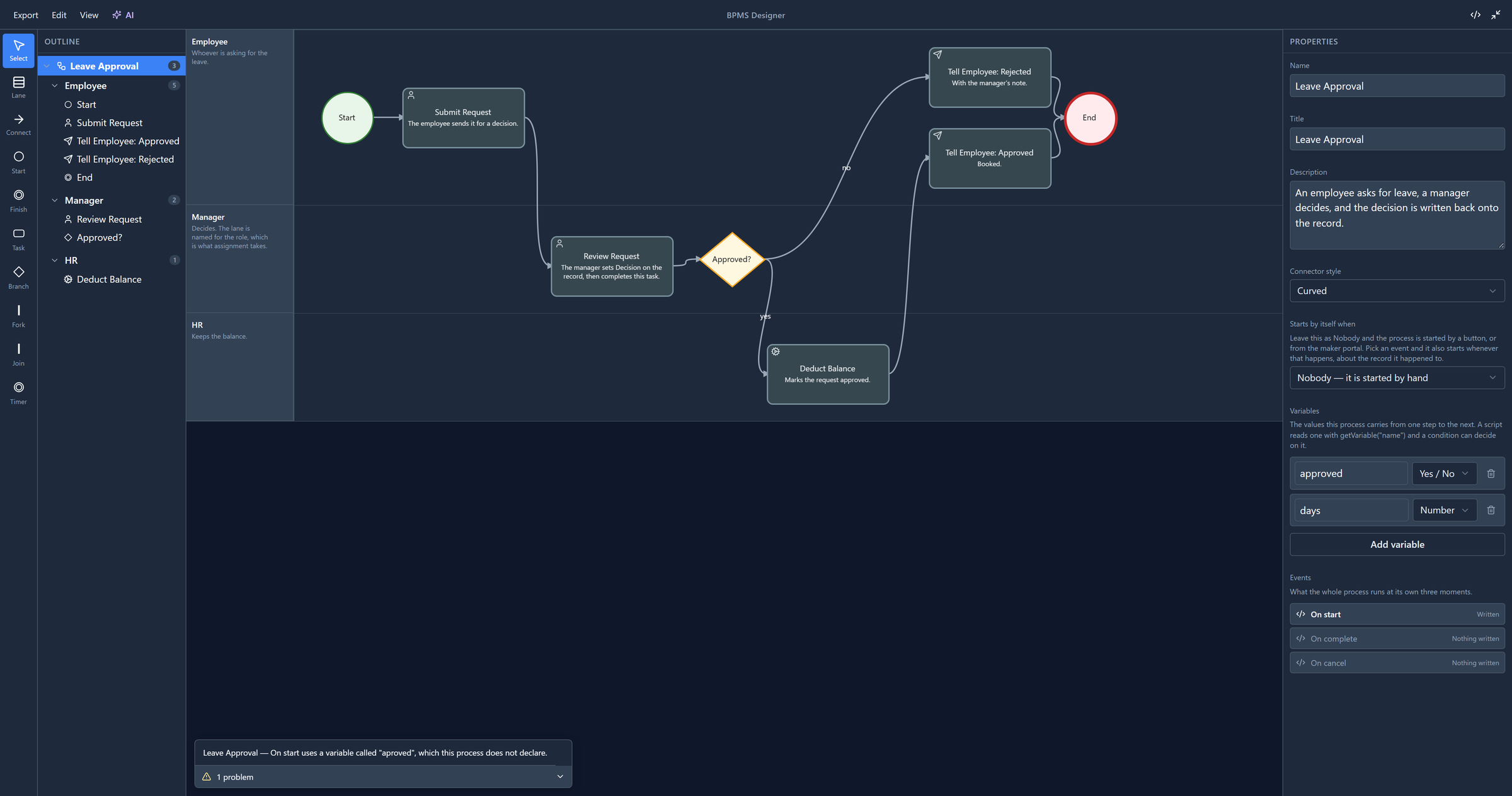 The designer with the problems list open: Leave Approval — On start uses a variable called "aproved", which this process does not declare.