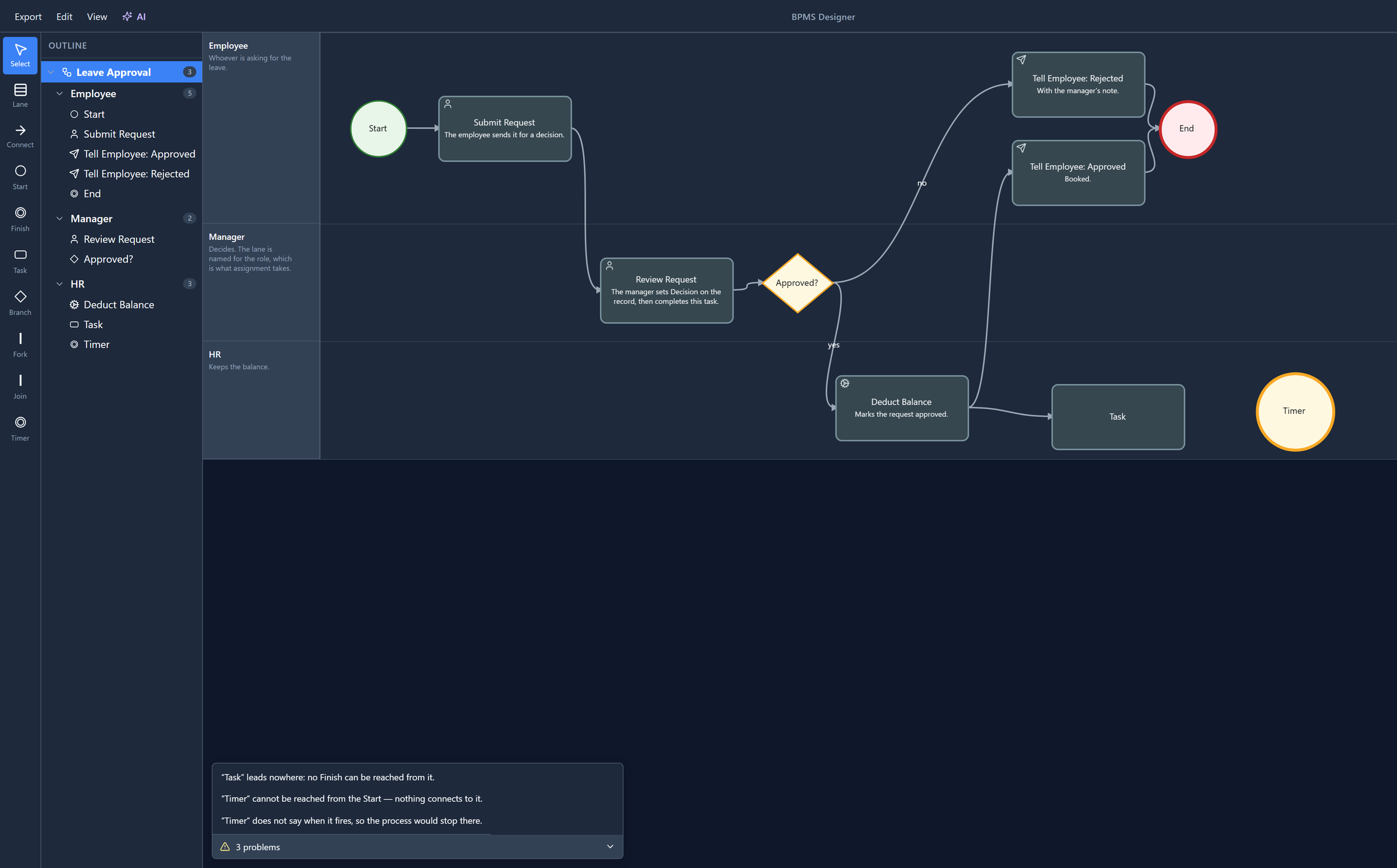 The designer with a new Task after Deduct Balance and a Timer on its own, and the problems list: "Task" leads nowhere: no Finish can be reached from it. "Timer" cannot be reached from the Start — nothing connects to it. "Timer" does not say when it fires, so the process would stop there.