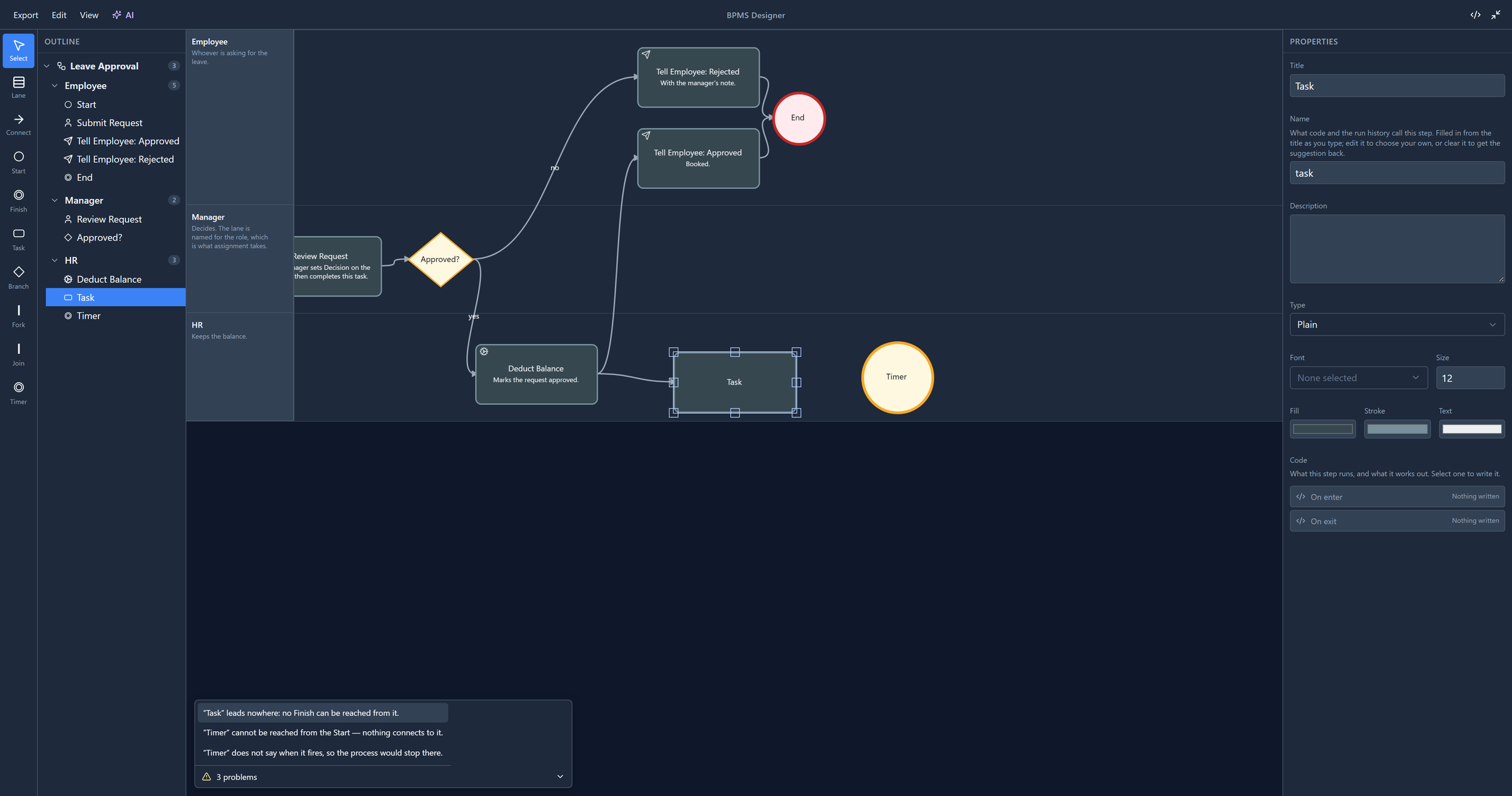 The Task selected after selecting its line: its properties open on the right, and the canvas scrolled so the Task is in view