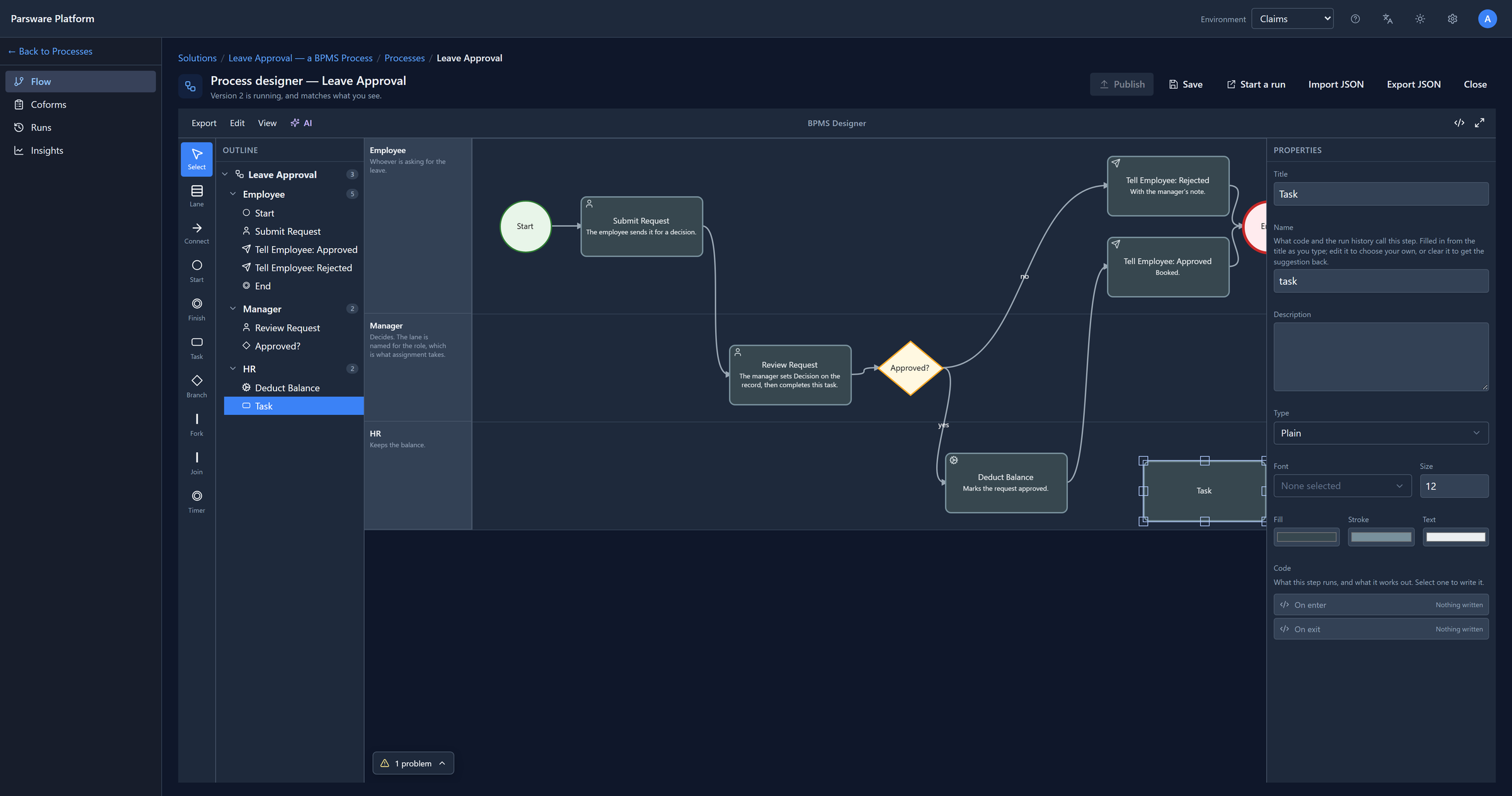 The process designer page with the new Task on the canvas, 1 problem in the corner, and Publish greyed out in the title bar
