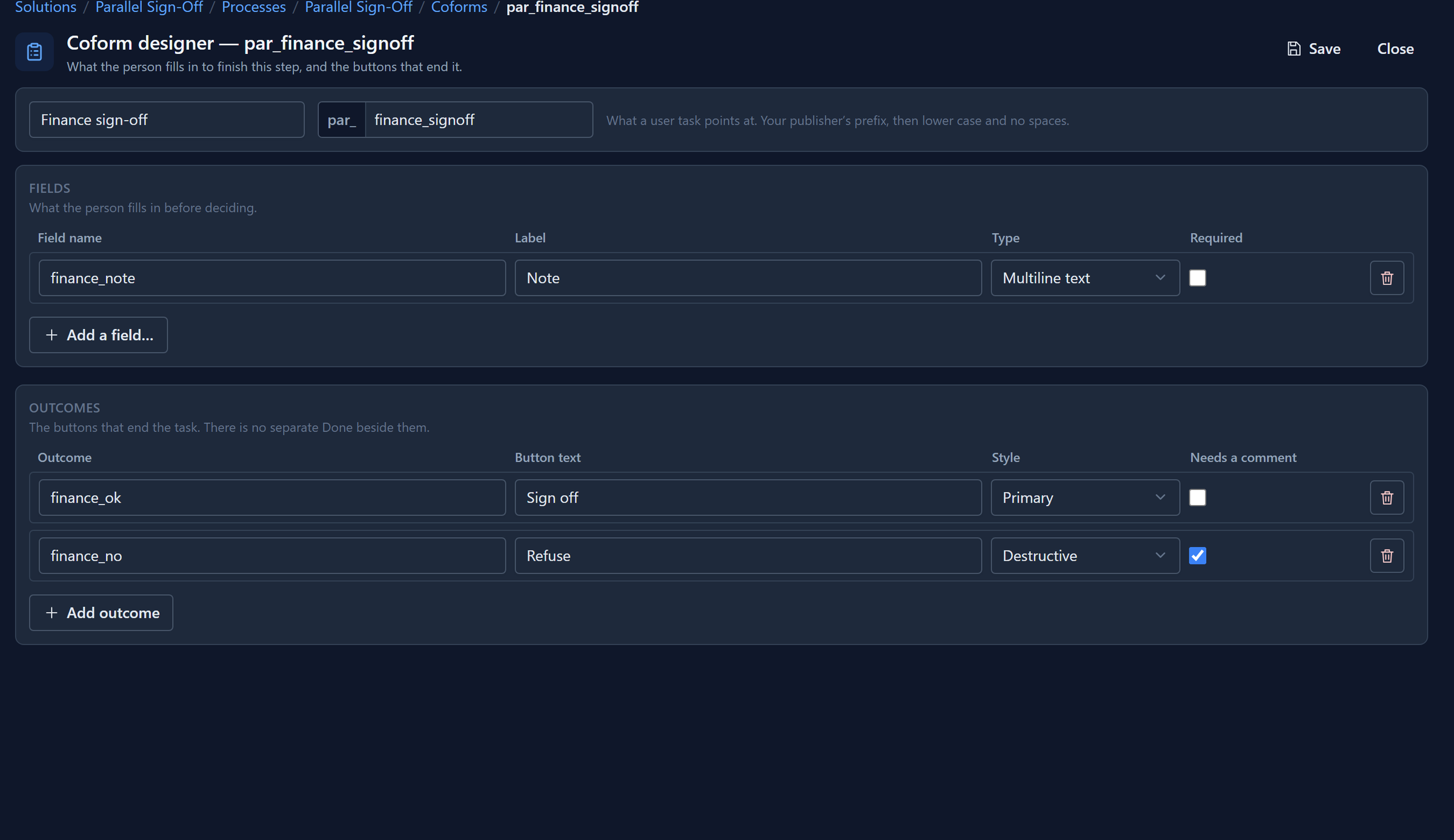 The coform designer for par_finance_signoff: the display name Finance sign-off, one field finance_note labelled Note of type Multiline text, and two outcomes, finance_ok Sign off in Primary style and finance_no Refuse in Destructive style with Needs a comment ticked