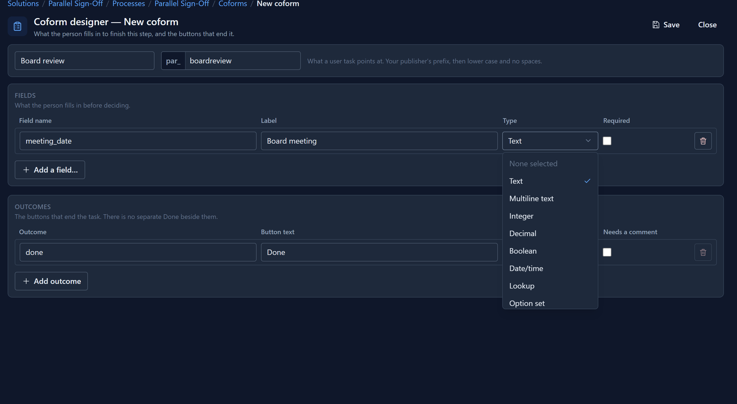 The Type picker open on a new coform field: Text, Multiline text, Integer, Decimal, Boolean, Date/time, Lookup and Option set