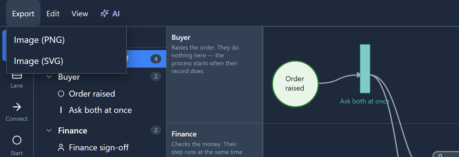 The Export menu open in the designer, offering Image (PNG) and Image (SVG)