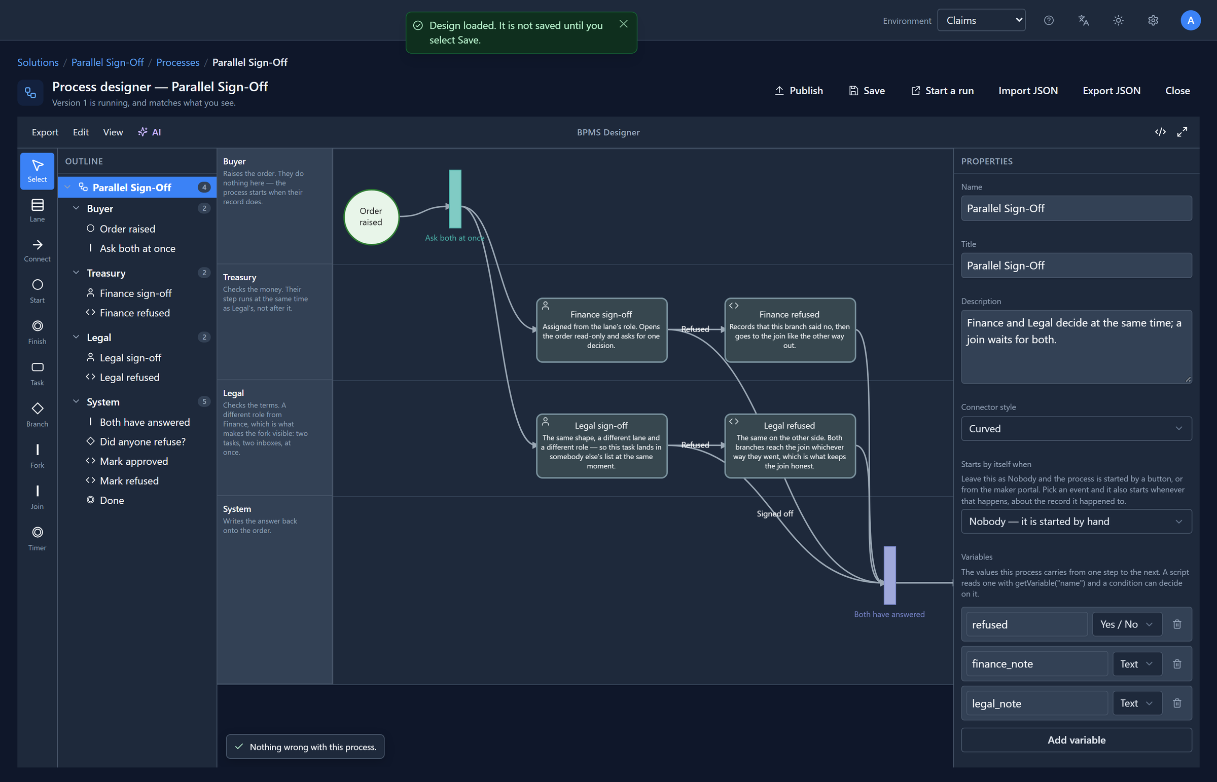The designer after the import: the second lane now reads Treasury in the outline and on the canvas, and a message at the top says Design loaded. It is not saved until you select Save.