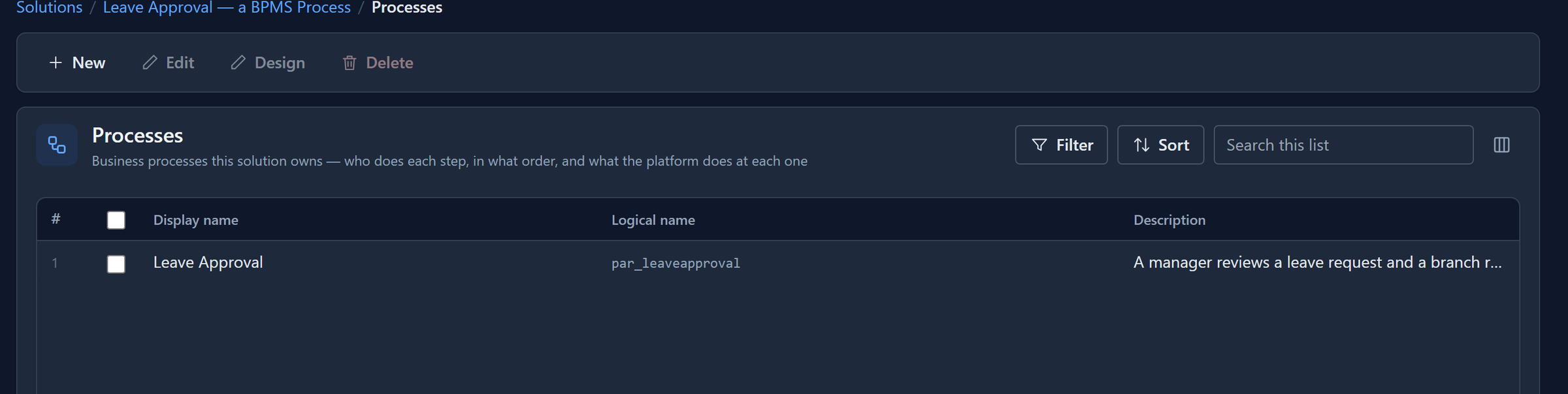 The Processes list in the Leave Approval solution: one process, Leave Approval, par_leaveapproval, with its description