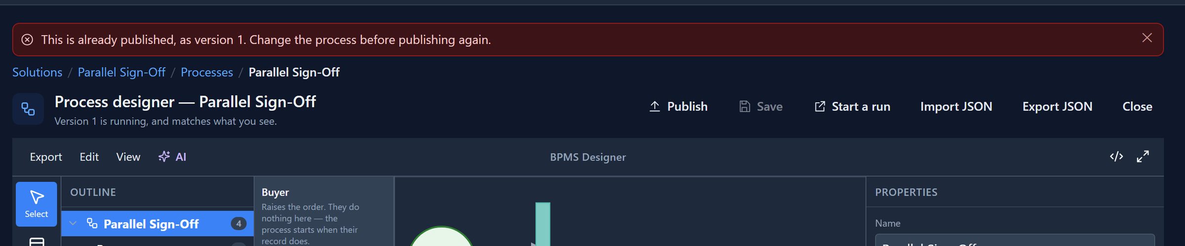 A red message: This is already published, as version 1. Change the process before publishing again.
