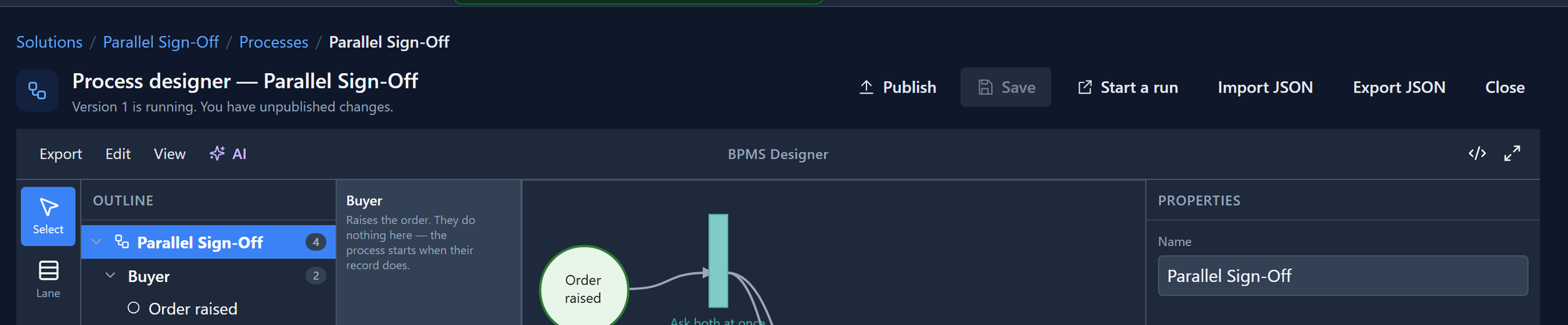 After saving: Saved successfully, and under the title Version 1 is running. You have unpublished changes.