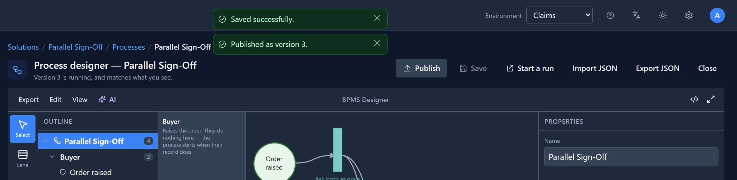 Two messages, Saved successfully and Published as version 3, and the line under the title: Version 3 is running, and matches what you see.