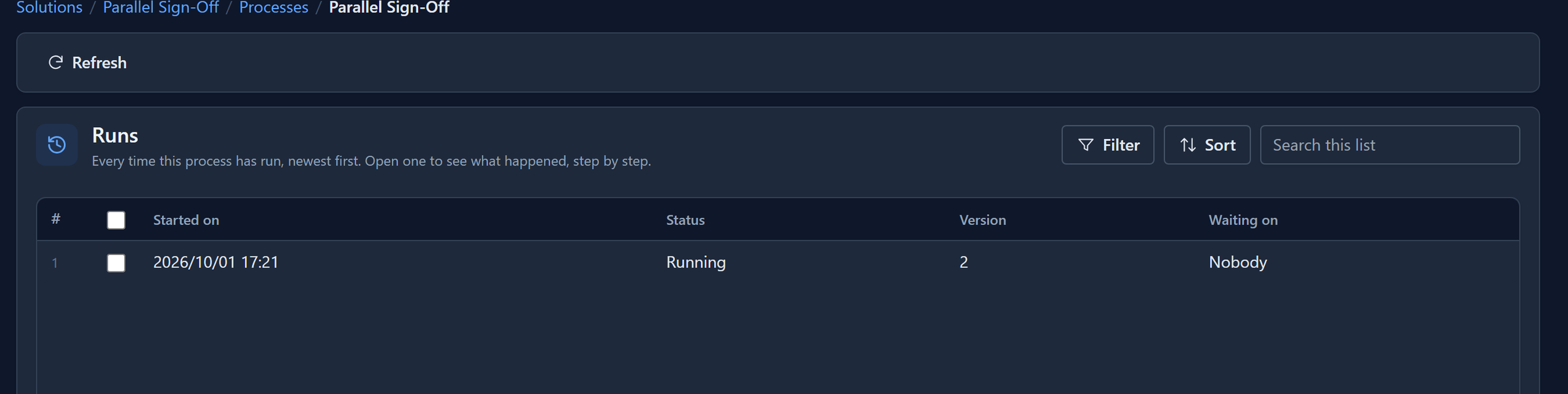 The Runs list for Parallel Sign-Off: one run, started 2026/10/01 17:21, Running, version 2