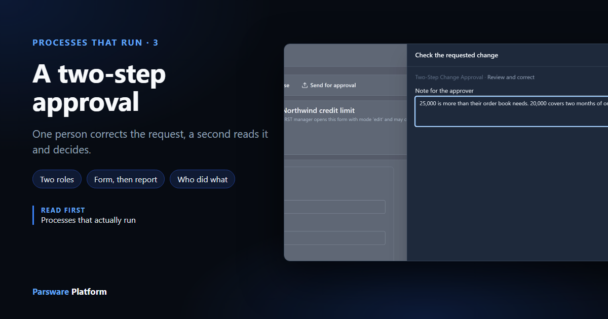 The first manager deciding a change request: the request open on its form with the proposed value corrected to 20,000, and the Check the requested change panel with a note for the approver, next to the title "A two-step approval"