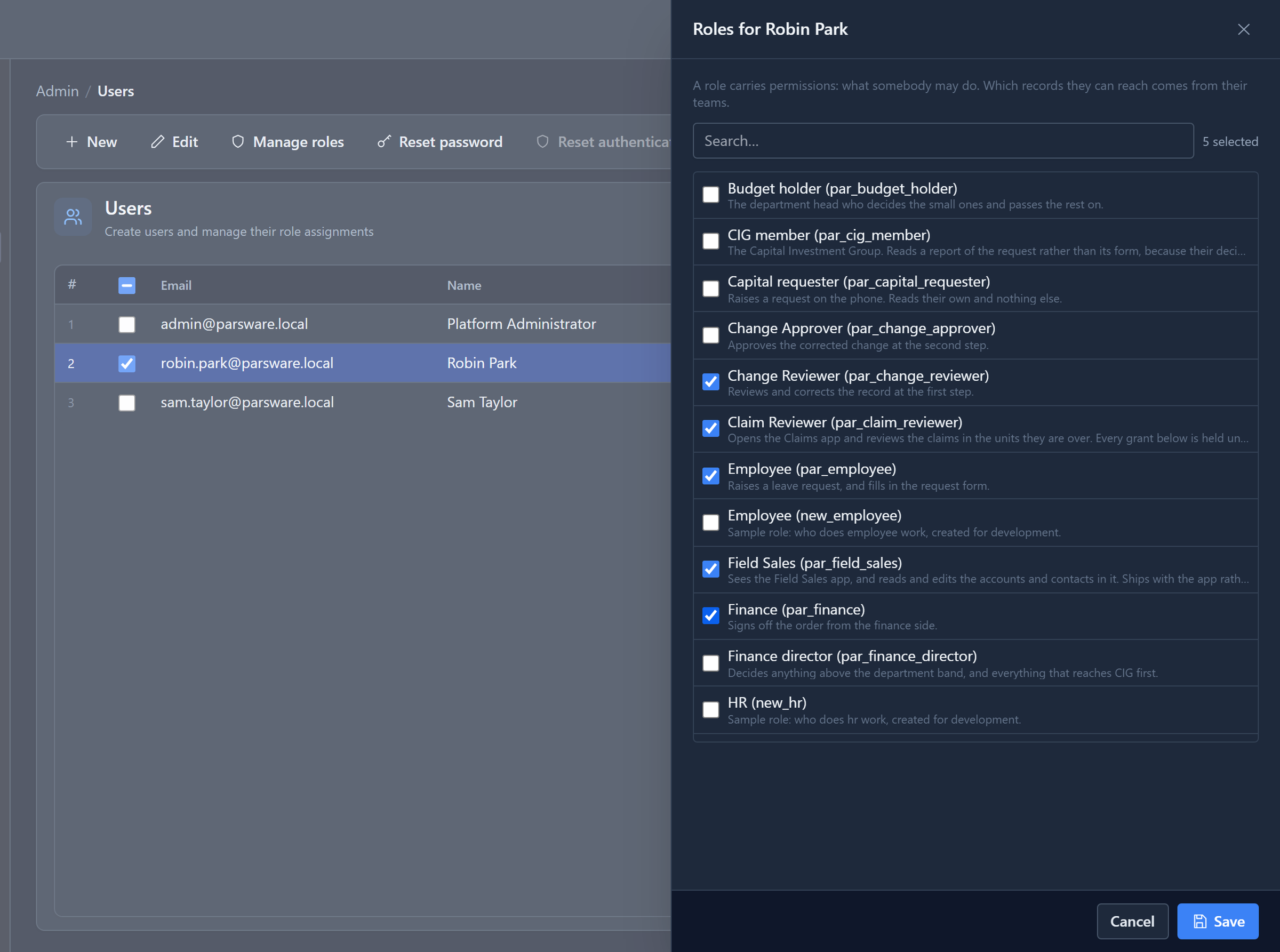 The Users list with Robin Park ticked, and the Roles for Robin Park panel: Change Reviewer, Claim Reviewer, Employee, Field Sales and Finance ticked, and Save