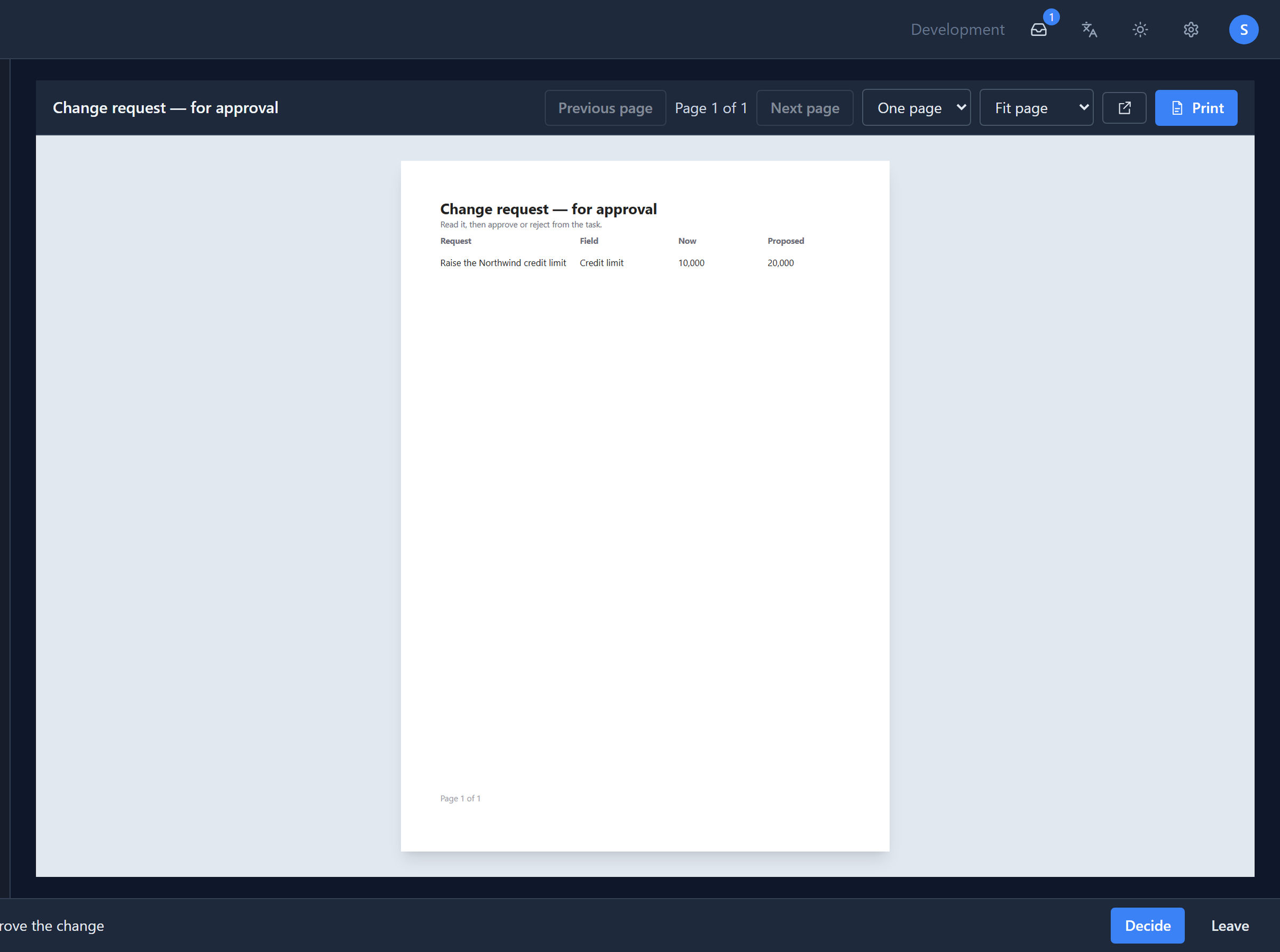 The Change request for approval report: Raise the Northwind credit limit, Credit limit, Now 10,000, Proposed 20,000, with the bottom bar naming the task