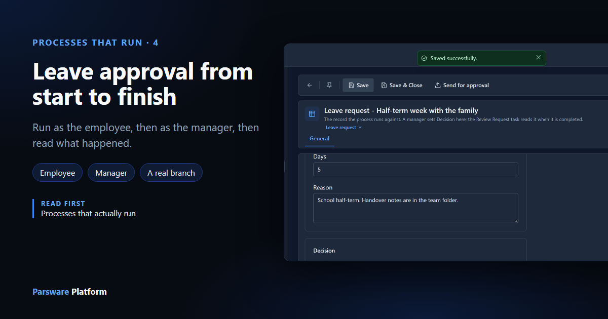 The manager reviewing a leave request: Status Submitted, Decision Approved and a decision note, with the bottom bar naming the Review Request task, next to the title "Leave approval from start to finish"