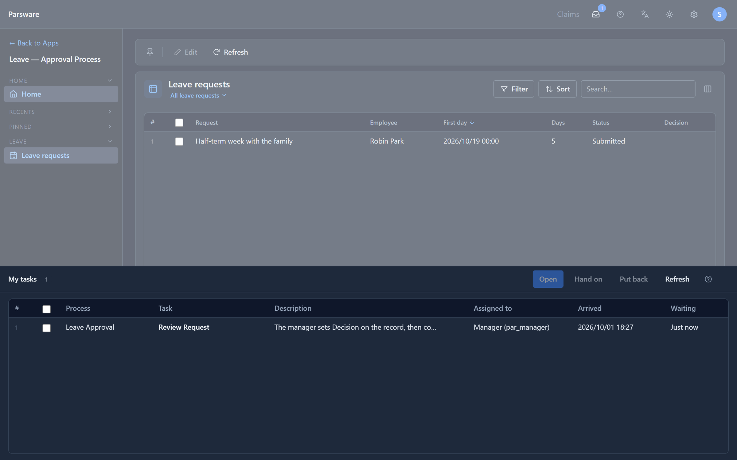 My tasks for Sam: one task, Leave Approval, Review Request, The manager sets Decision on the record, then completes this task, assigned to Manager (par_manager)