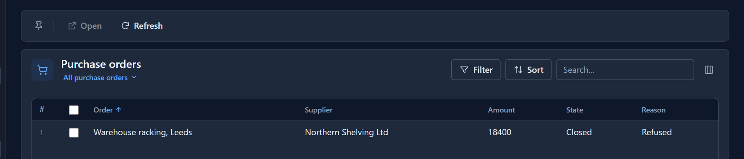 The Purchase orders list: Warehouse racking, Leeds, Northern Shelving Ltd, 18400, State Closed, Reason Refused