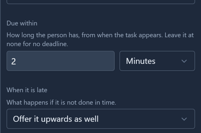 First response's properties: Due within 2 Minutes, and When it is late set to Offer it upwards as well