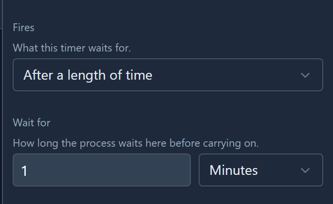 The timer's properties: Fires After a length of time, Wait for 1 Minutes