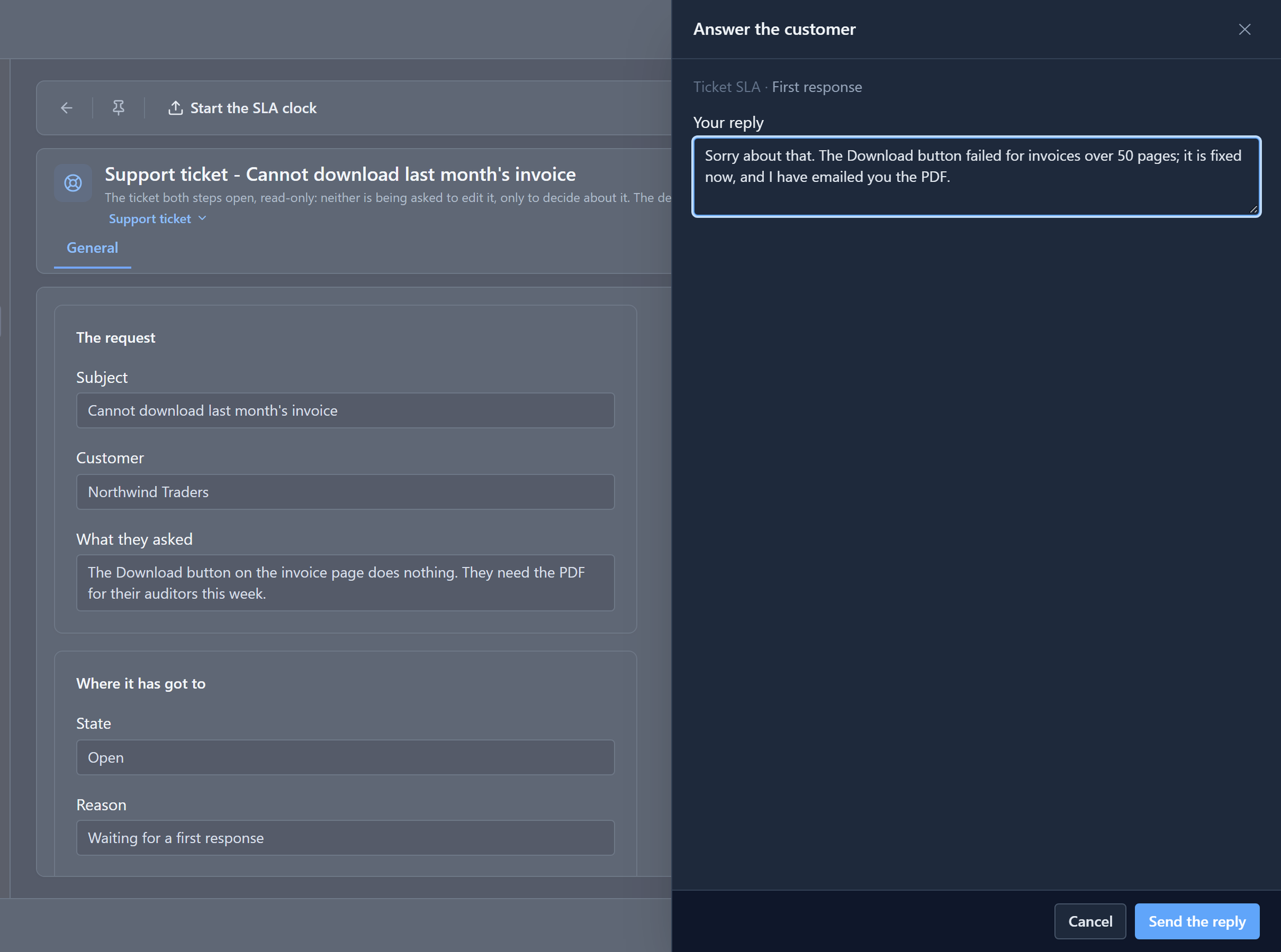 First response open for Robin: the ticket read-only on the left, and on the right Answer the customer with his reply typed in and the Send the reply button