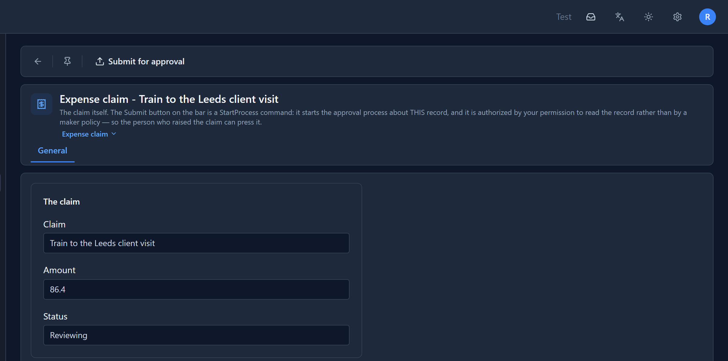 Robin's claim, Train to the Leeds client visit, 86.4, Status Reviewing, with Submit for approval on the command bar